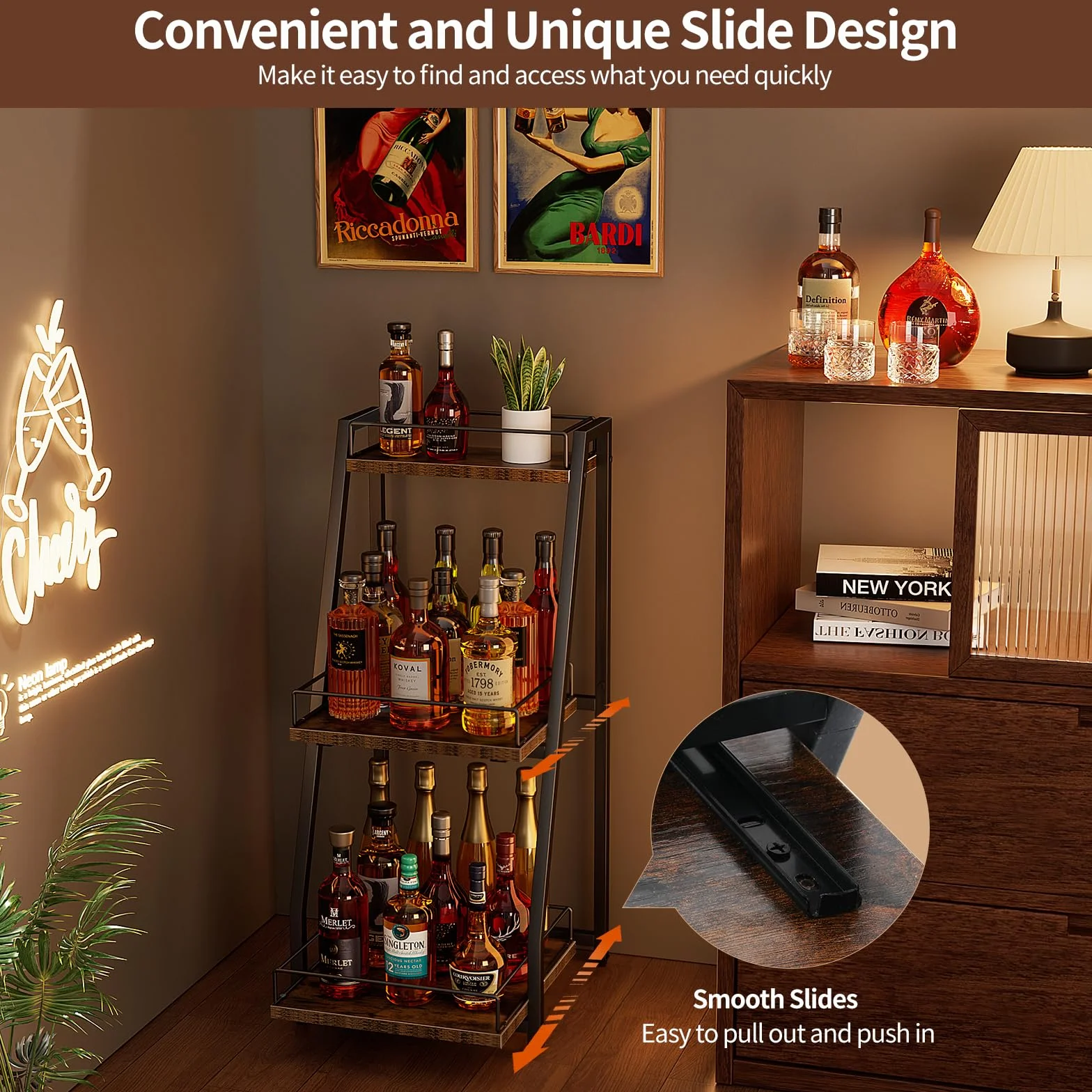 Nuovoware Mobile per Liquori 3 Livelli Mini Bar, Scaffale Vino Terra Whisky, Scaffale Angolare Bottiglie Liquore Recinzione Cassetto Scorrimento per Casa, Cucina, il soggiorno Sala da Pranzo, Nero