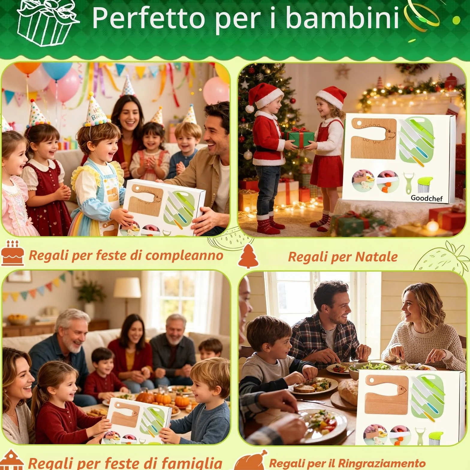 Set di 8 coltelli da cucina per bambini, per tagliare e cucinare, frutta o verdura, incluso coltello in legno, tagliere e pelapatate, pesce