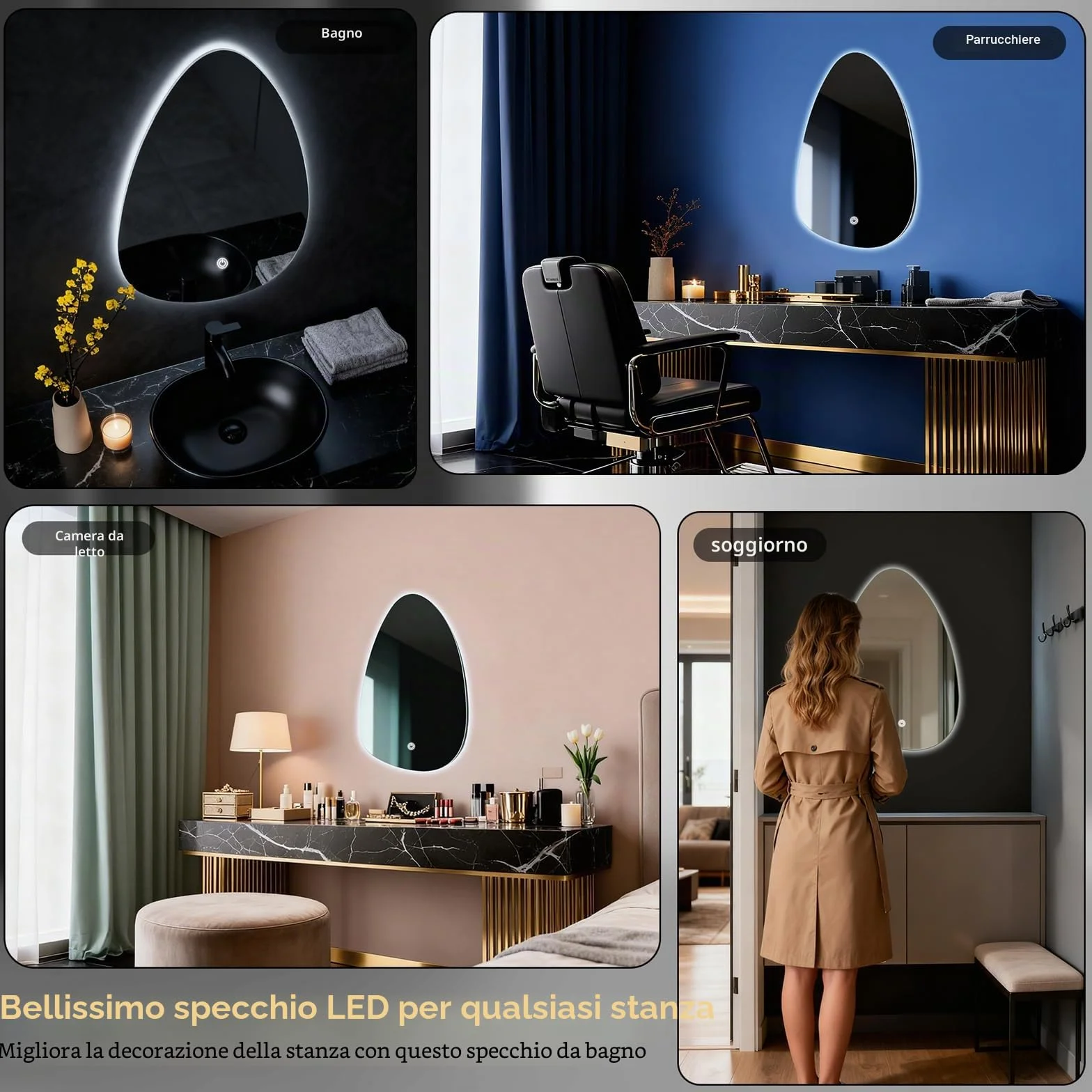 Specchio da parete rotondo per bagno, con illuminazione, specchio con luce LED, interruttore touch e 3 colori dimmerabili (60 L x 40 cm)