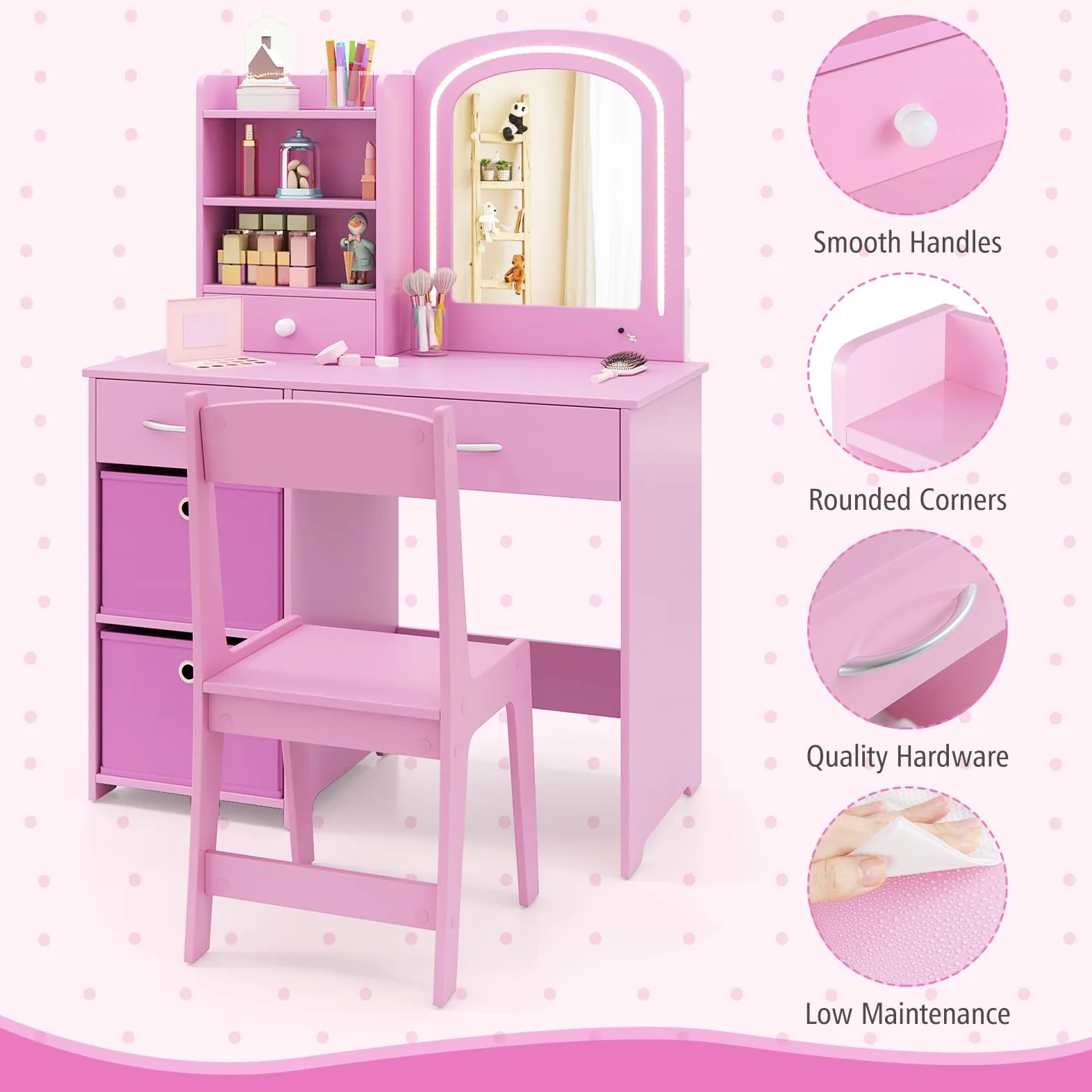 LIFEZEAL Specchiera Trucco Bambina, Specchio con Luci a 2 Colori, Toeletta Trucco Bambina, con Sedia, Postazione, con Cassetti e Scaffali, Tavolo per Bimbi 3 Anni + (rosa)