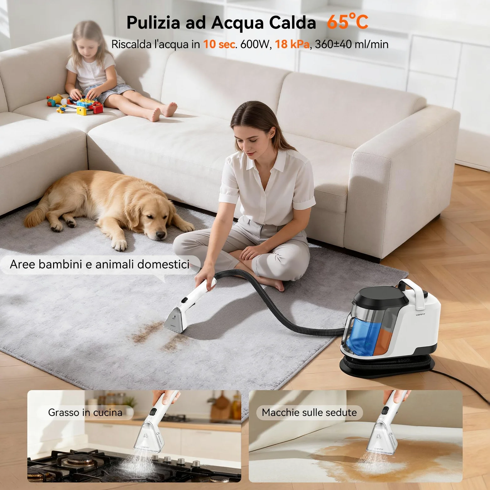 Uwant Lavatappeti Lava e Asciuga a Vapore Y100S 1750W 18KPa, 3in1 Fredda/65℃ Calda/100℃ Vapore, Spazzole multiple Lava Divani/Tappeti/Auto/Cucina, 2.4L Serbatoio Auto-pulizia Portatile Lavatessuti