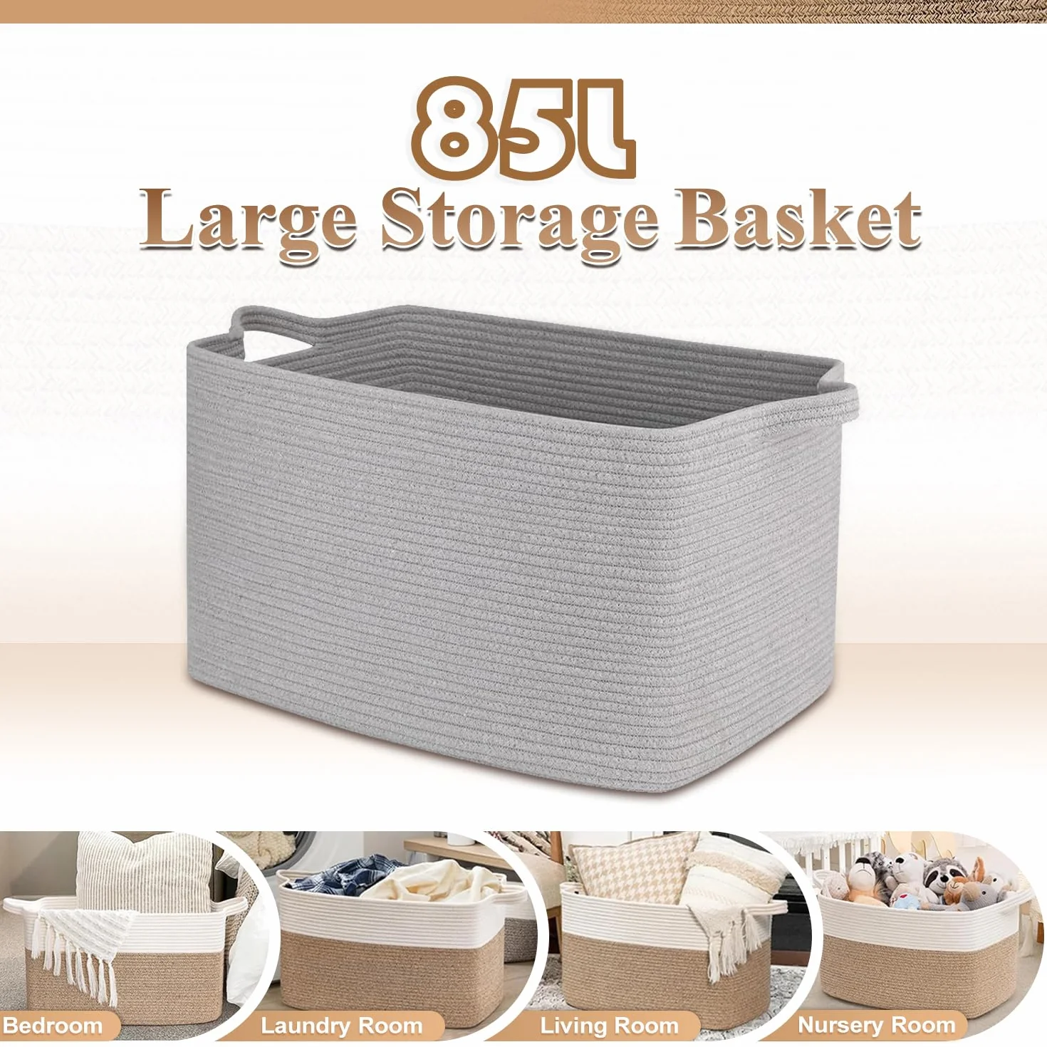 Esteopt Cesto portaoggetti extra large da 85 l, con manici, in tessuto resistente, pieghevole, organizer per giocattoli, coperte, vestiti stagionali, design salvaspazio pieghevole (60 x 40 x 35 cm