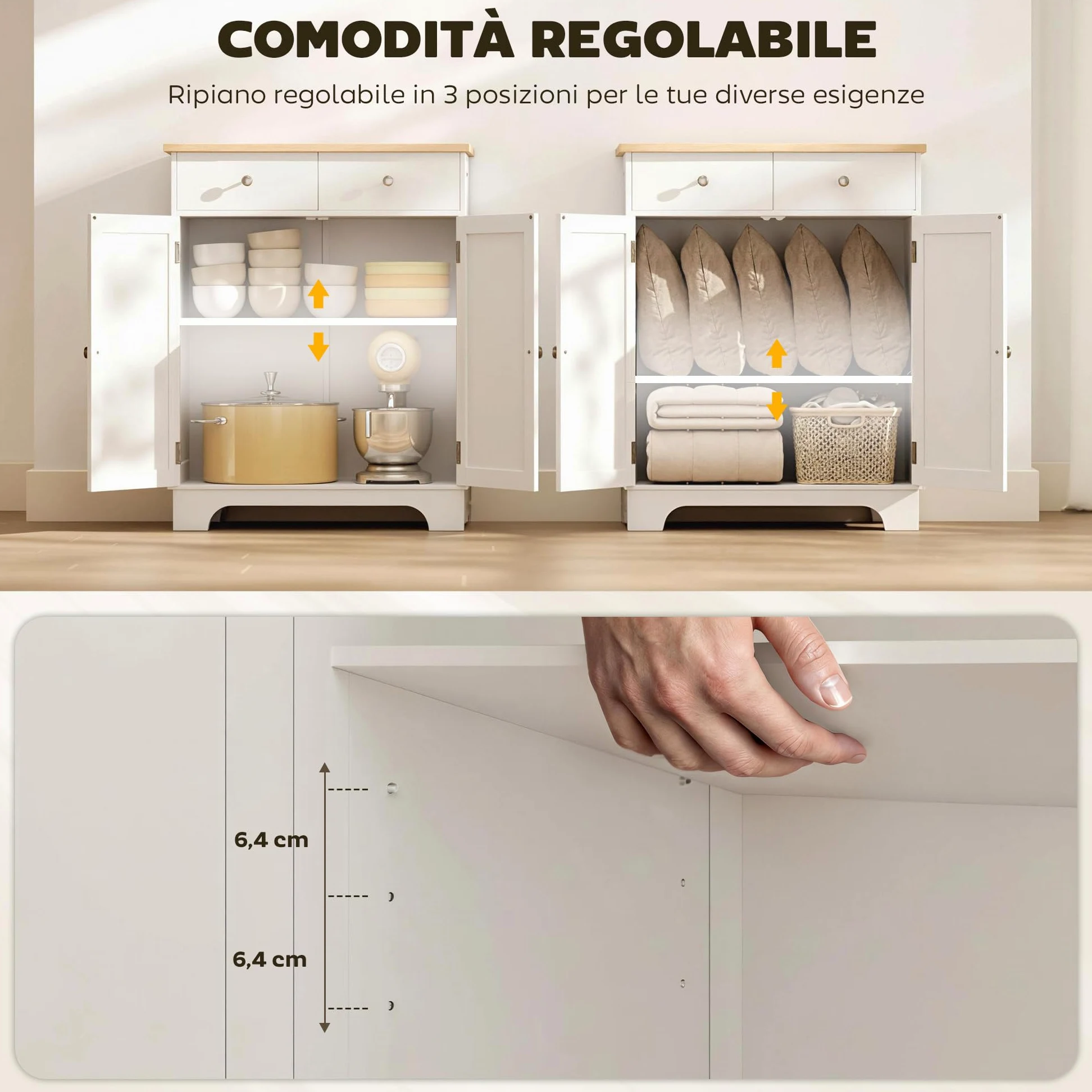 HOMCOM Credenza Soggiorno con 2 Cassetti e Armadietto con Ripiano Regolabile, Madia Soggiorno con Piano di Lavoro in Legno di Caucciù, per Ingresso, Cucina e Sala da Pranzo, Bianco