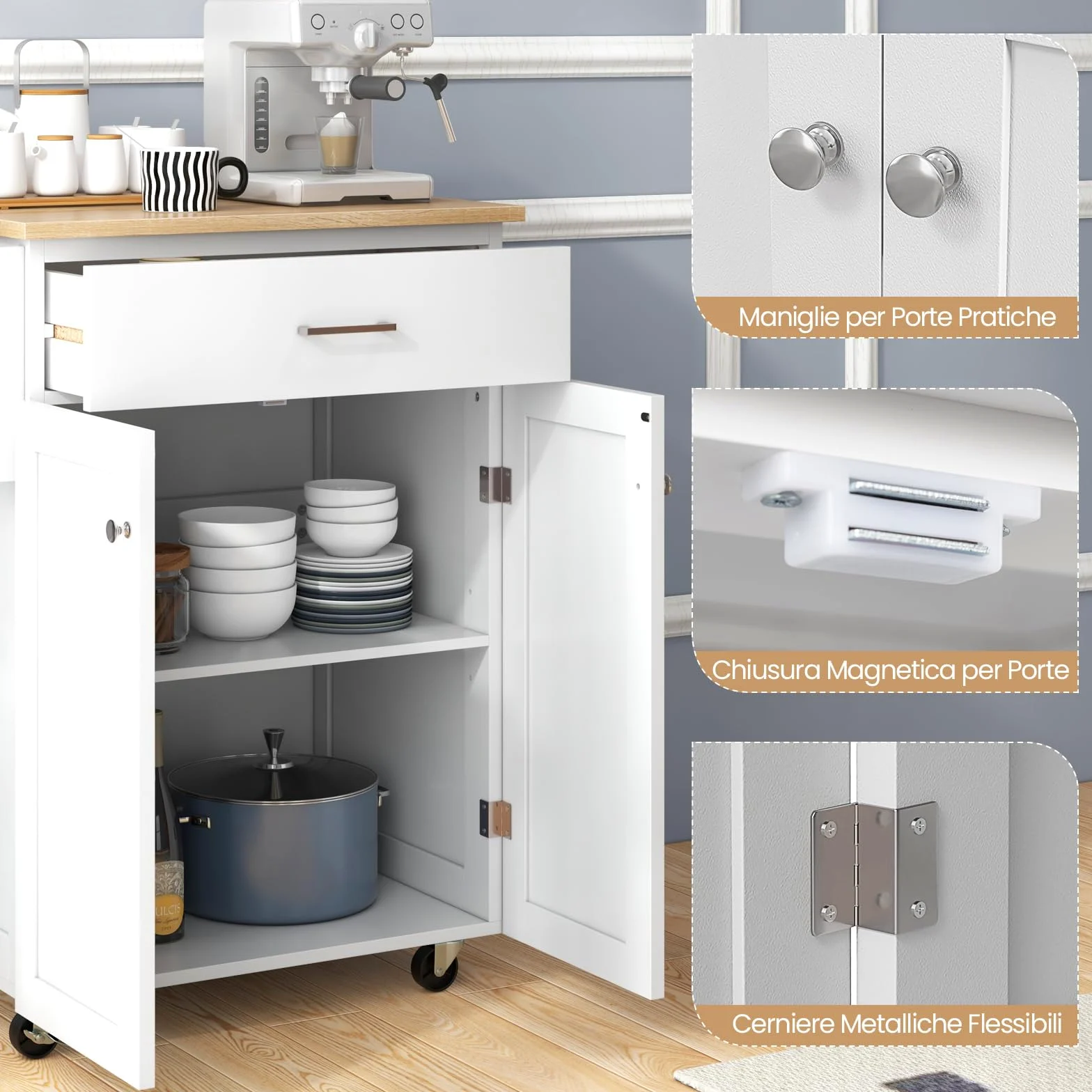 COSTWAY Isola da Cucina con Ruote, Carrello da Cucina con Cassetto e Armadio, Porta Spezie e Barre Porta Asciugamani, Armadietto Mobile con Ripiano Regolabile per Sala da Pranzo, 83x48x91 cm