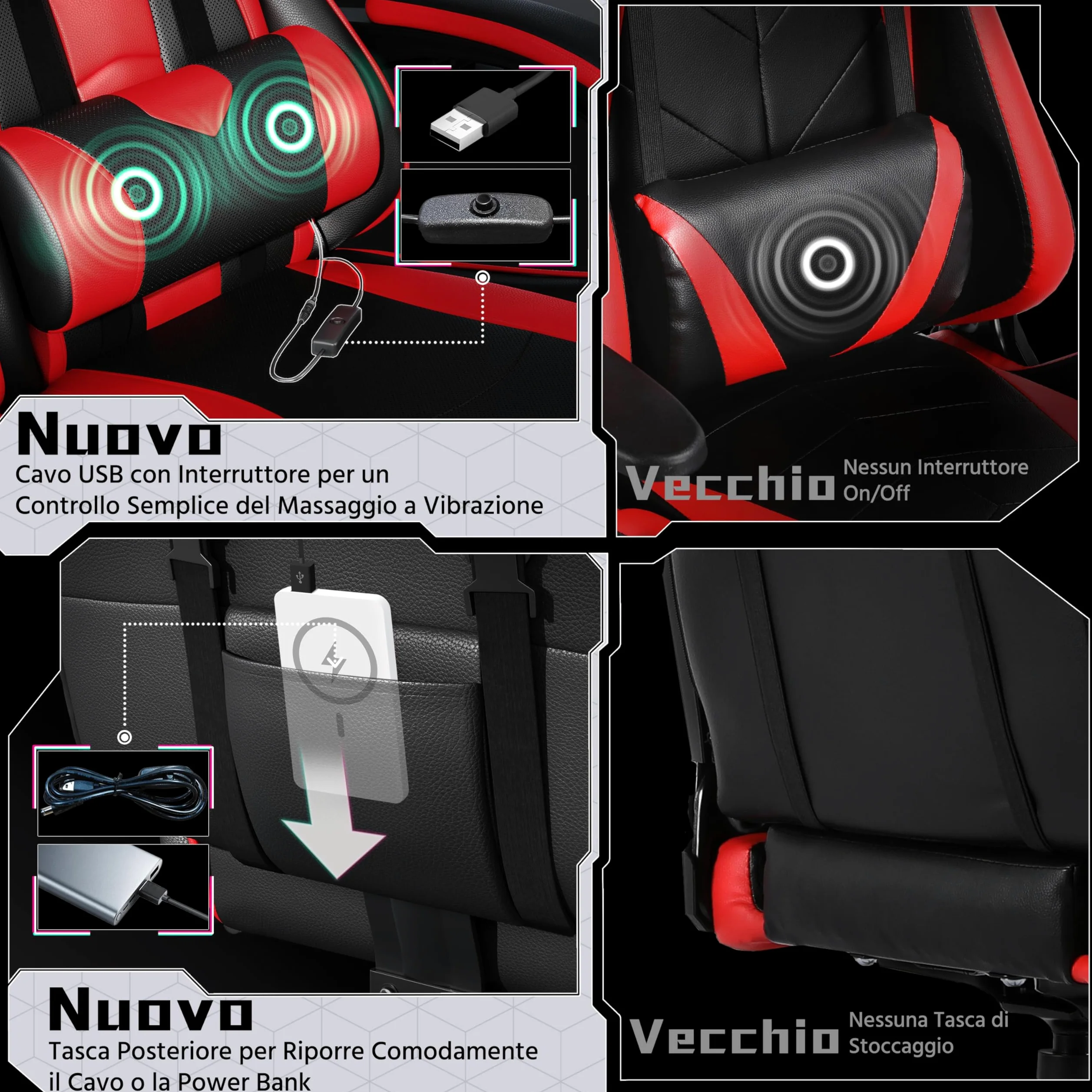 Yaheetech Sedia Gaming Ergonomica Massaggiante Reclinabile con Poggiapiedi Poggiatesta e Supporto Lombare Braccioli Imbottiti in Finta Pelle, Poltrona Gamer da Scrivania con Ruote Girevole Rosso