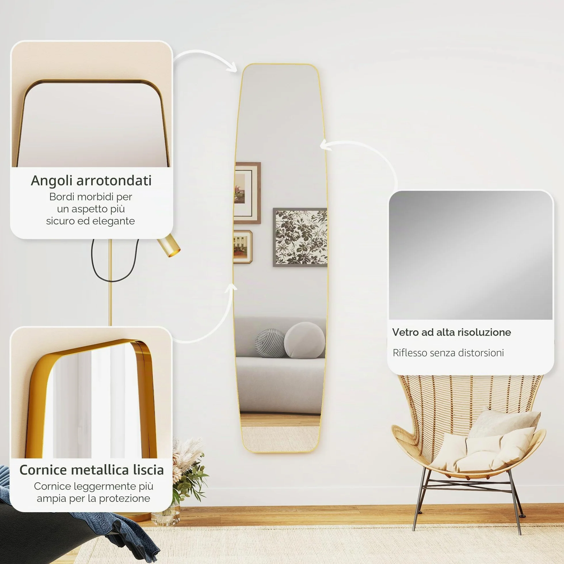 HOMCOM Specchio da parete, 160 x 40 cm, con angoli arrotondati, finestra con cornice in metallo, decorazione per corridoio, camera da letto, soggiorno, oro