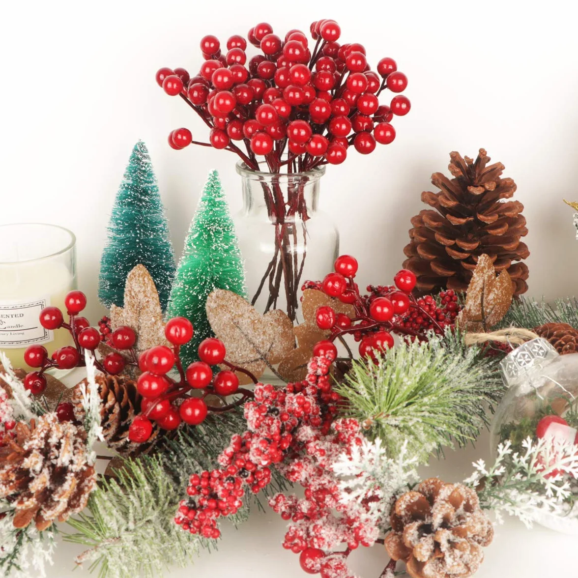 Fangoo 20 Pezzi Bacche Rosse Artificiali 18 cm Decorazione Albero di Natale
