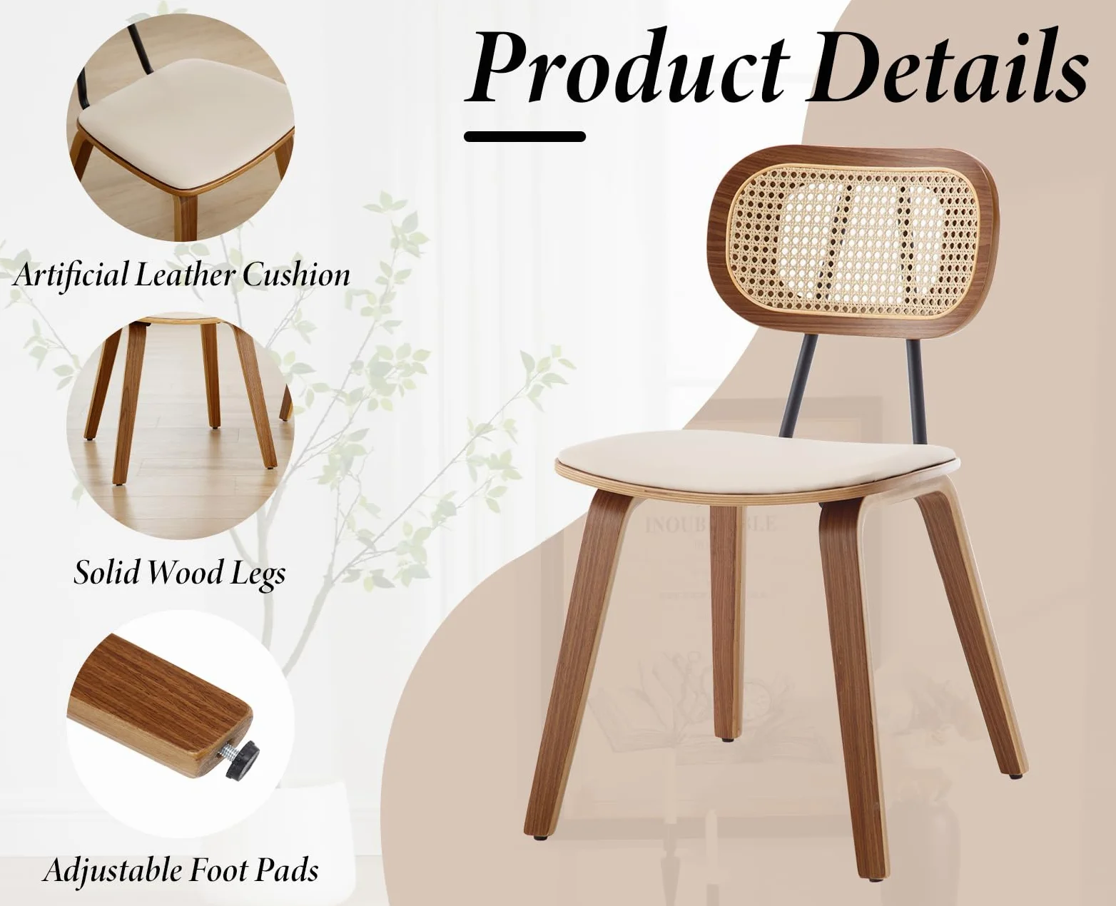 Ya-Home Set di 2 Sedie da Pranzo in Rattan Sedie da Cucina con Cuscino in Ecopelle Sedia da Salotto Imbottite con Gambe in Legno Design Retrò per Sala da Pranzo/Soggiorno