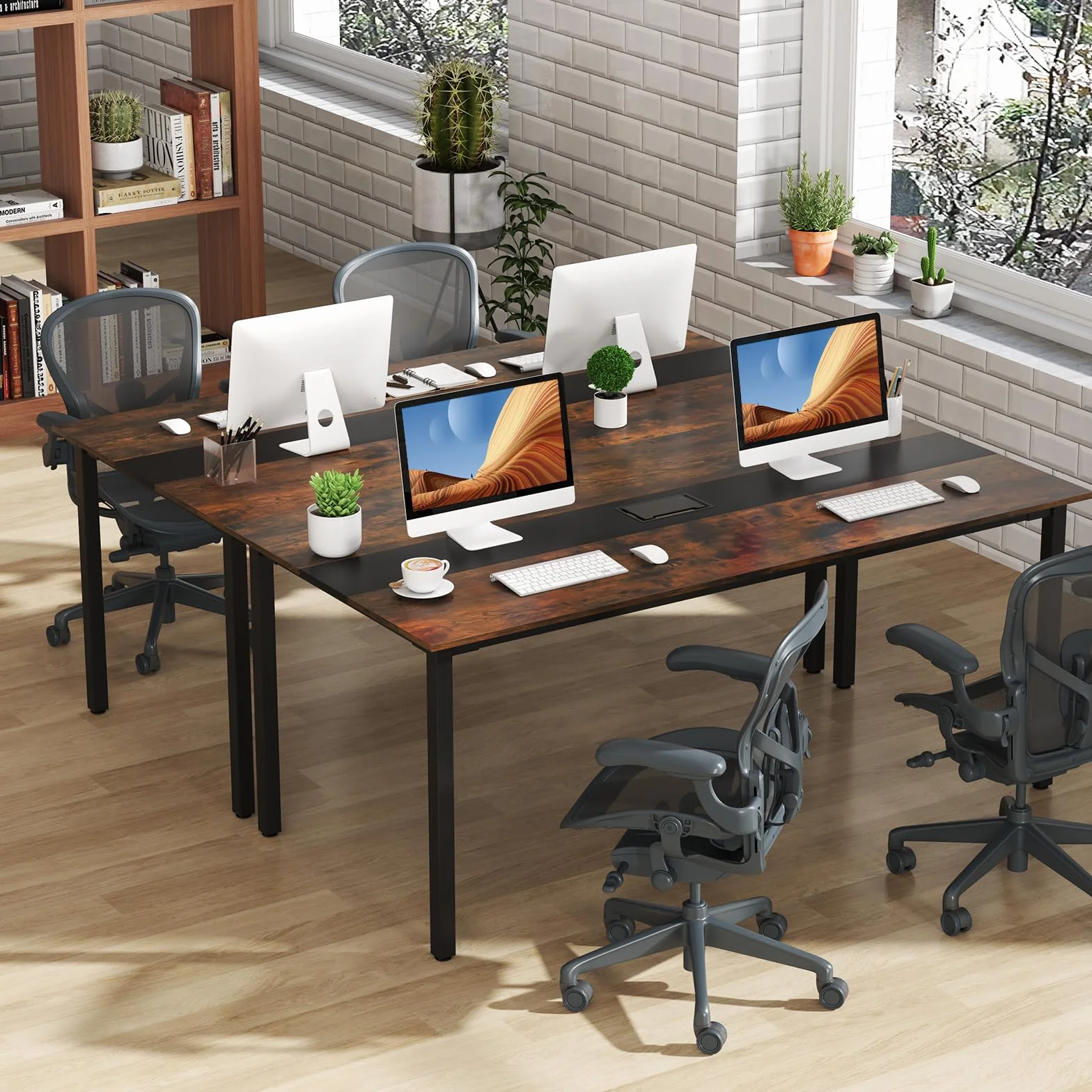 GYMAX Tavolo Discussioni di Gruppo per 8-10 Persone, Sistema di Gestione dei Cavi, Grande Scrivania Rettangolare per Riunioni in Ufficio, Sala Conferenze, 180 x 90 x 75,5 cm, Stile Industriale