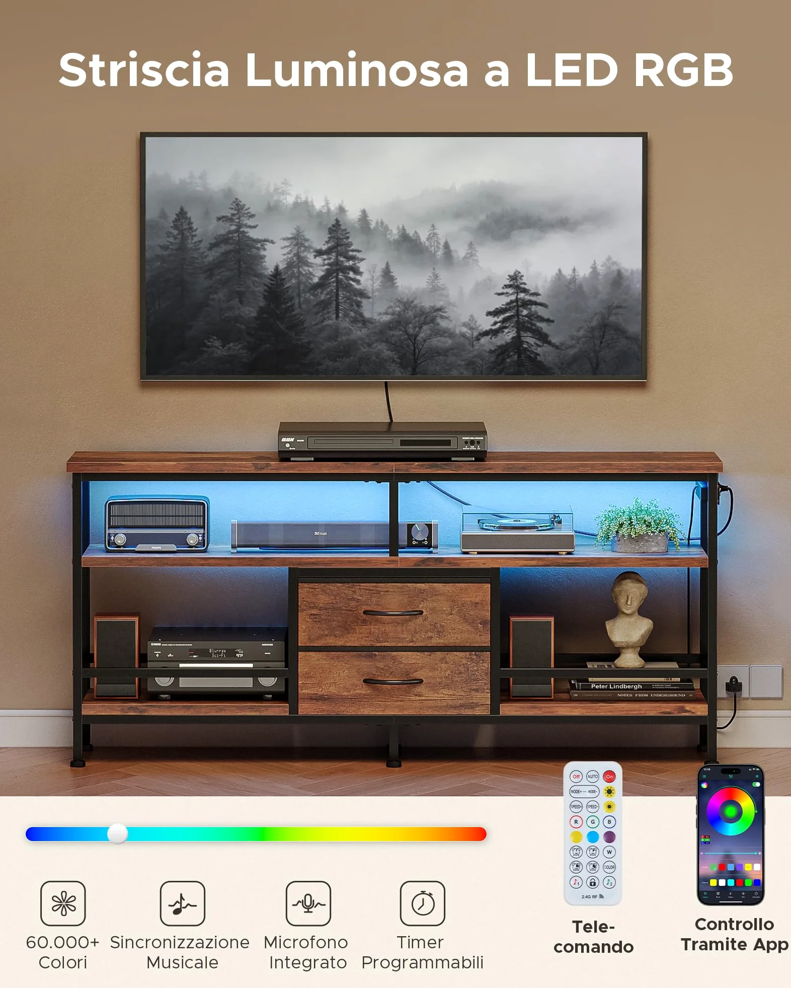 CO-Z 140 cm Mobile TV per 43-65 Pollici TV con Luci LED RGB Controllate da App e Prese di Corrente Rimovibile, Mobile Porta TV con Cassetti e Ripiani Aperti per Soggiorno, Camera da Letto (Marrone)