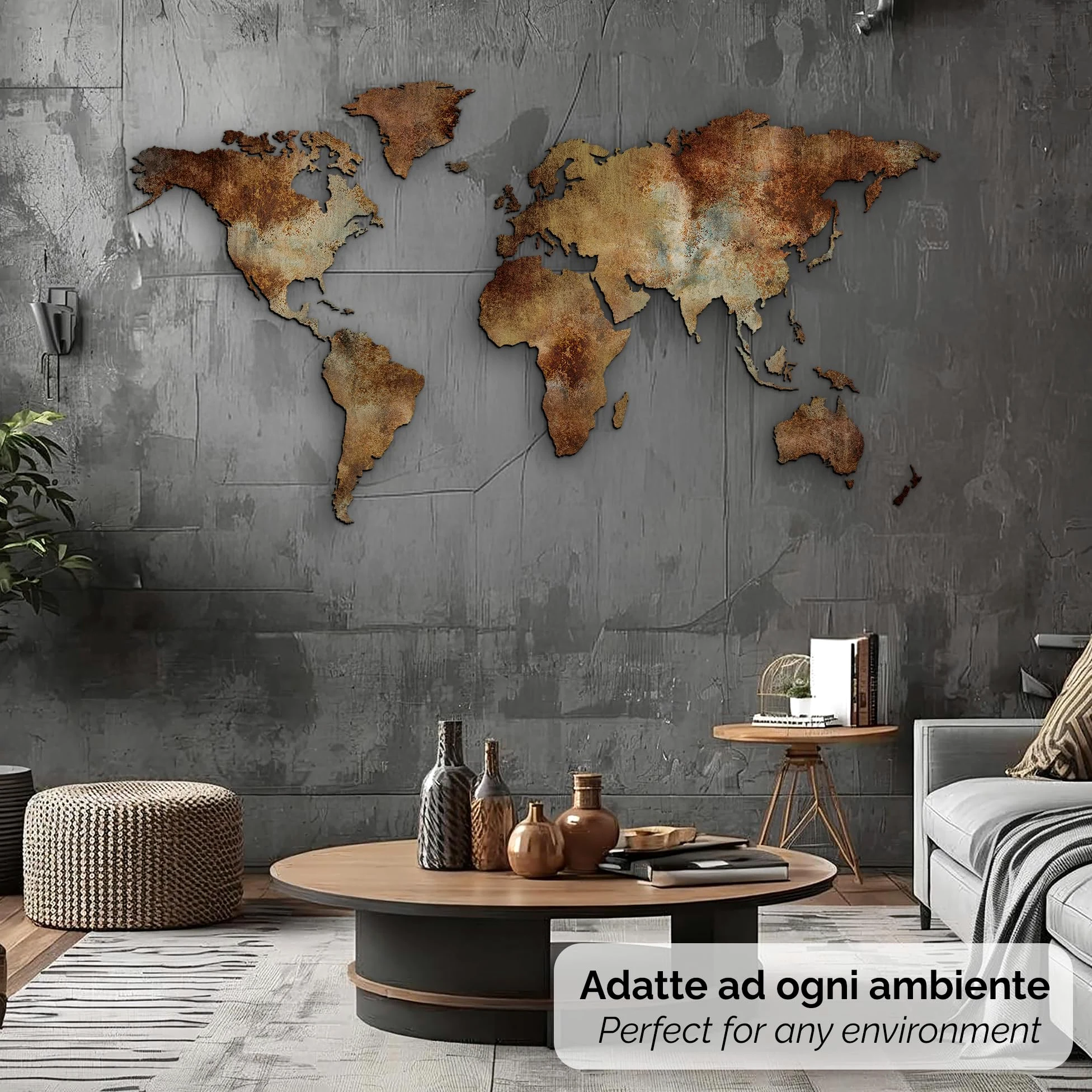 Giallobus - MAPPA DEL MONDO - DECORAZIONE DA PARETE IN LEGNO MDF (MDF metal effetto ruggine, 130L x 72l cm)