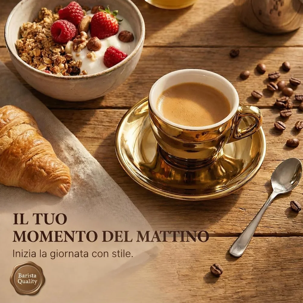 Tazzine da Caffè Espresso 60 ml in Porcellana Oro e Bianco Set da 6