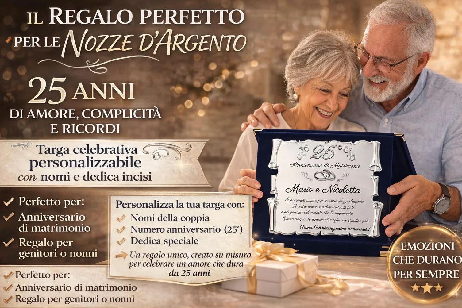 Targa 25° Anniversario di Matrimonio NOMI PERSONALIZZATI | Elegante Regalo Anniversario Nozze d'argento | Pergamena Argentata su Cofanetto in Velluto Blu