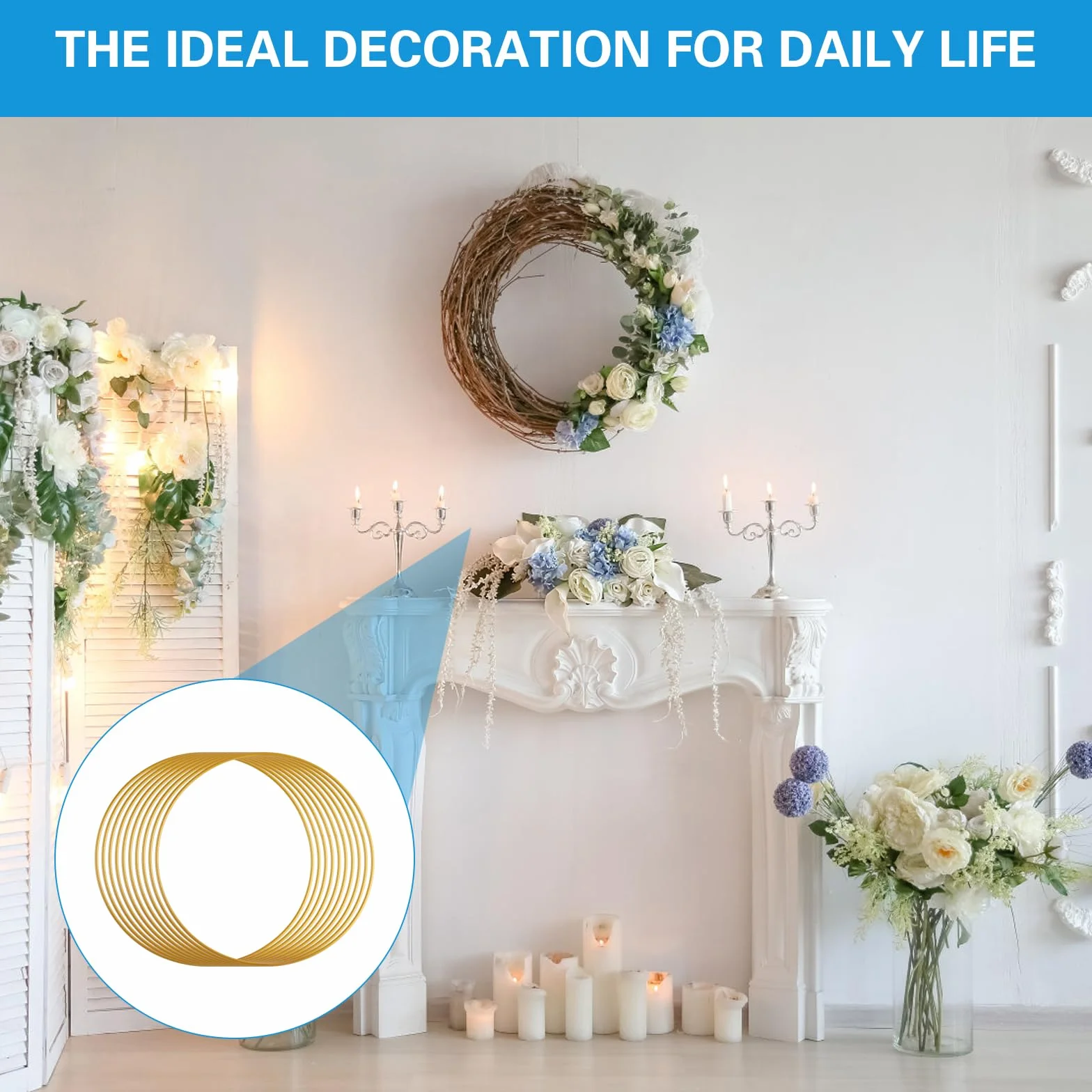 Anelli acchiappasogni dorati 20 cm metallo con supporto legno per decorazione macramè ghirlande matrimonio