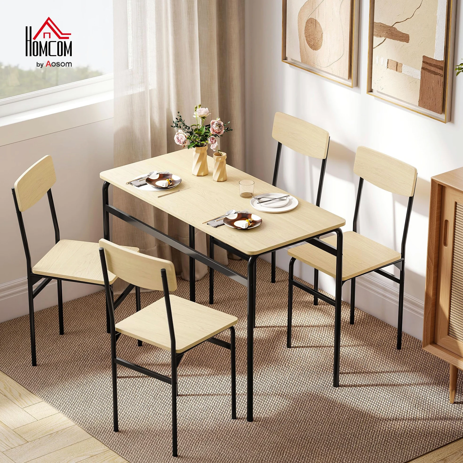 HOMCOM Set Tavolo e Sedie Sala da Pranzo 5 Pezzi, Tavolo da Pranzo Rettangolare e 4 Sedie in Legno e Metallo, Salvaspazio, Design Industriale, per Soggiorno Salotto Cucina, Nero e Color Legno