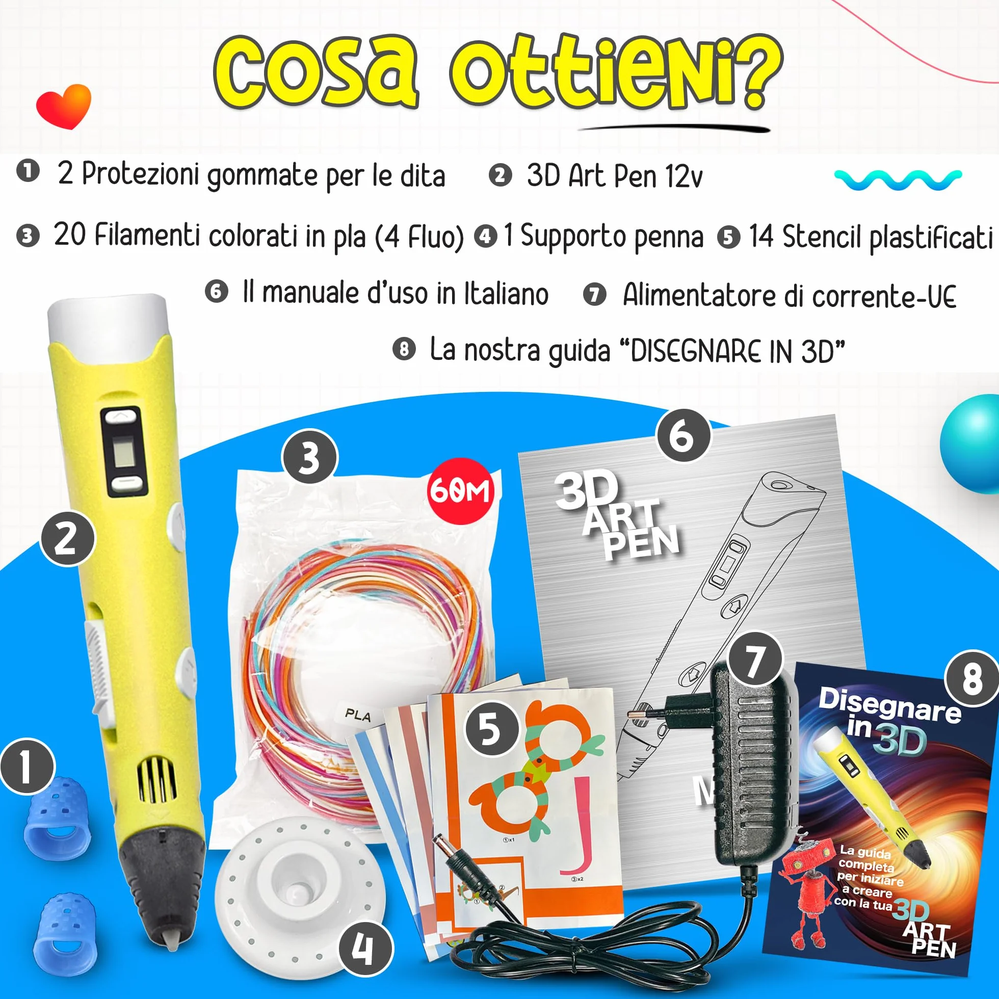 The Italian Home Penna 3D Plus Professionale con Filamenti PLA 20 Colori, Istruzioni Italiano, Idee Regalo