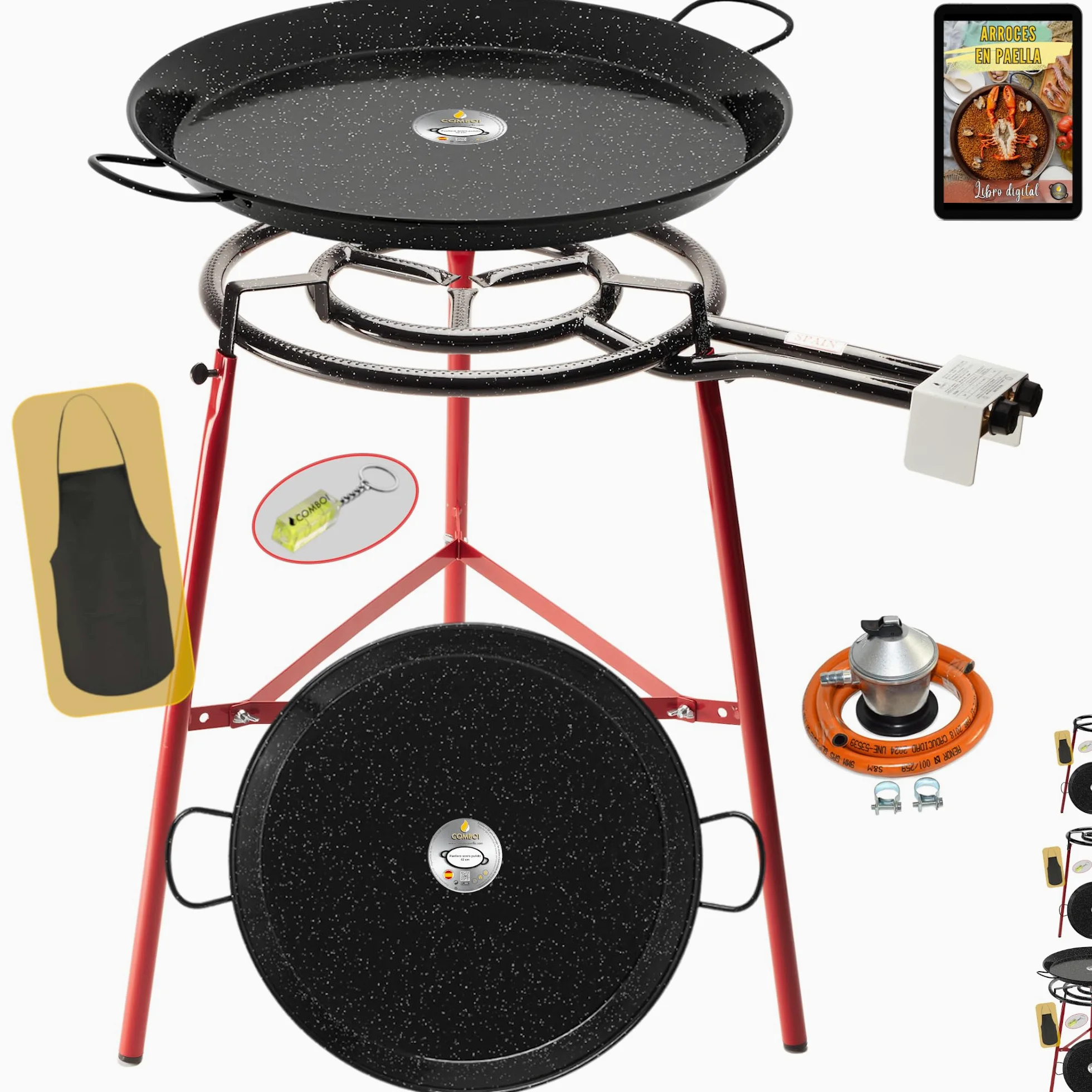 COMBOI Kit Bruciatore Paellero Gas Butano 50 cm Paellere Smaltate 60 cm + Regolatore di Gas Tubo Supporto Gambe Rinforzato Livello Grembiule Libro di Ricette Digitale