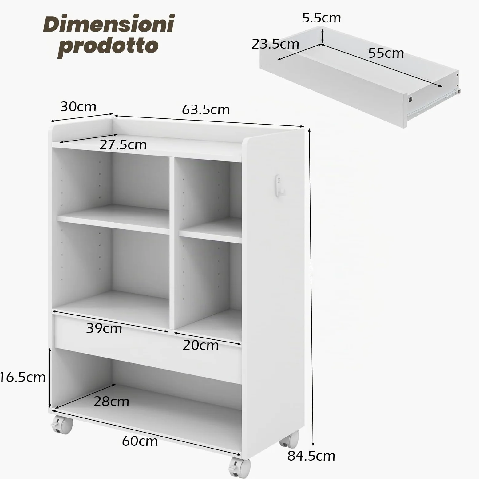 KOMFOTTEU Mobile Porta Stampante con Cassetto, Ganci, Protezione Bordo, Ripiani Regolabili, e Ruote Bloccabili, Schedario da Ufficio in Legno， Mobiletto da Archivio, 63,5 x 30 x 84,5 cm (Bianco)