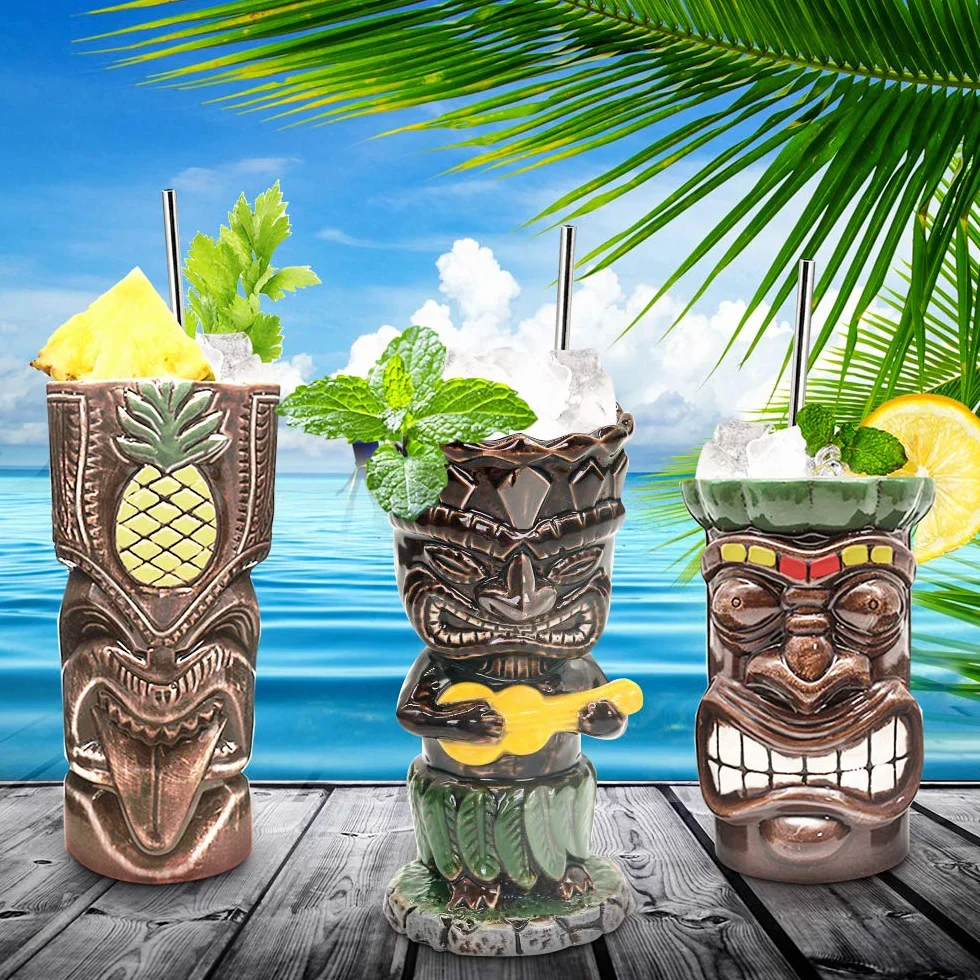 Tiki Bicchieri in Ceramica Set di 4 - Tazze Grandi Cocktail Hawaiian Luau Party Tiki Bar