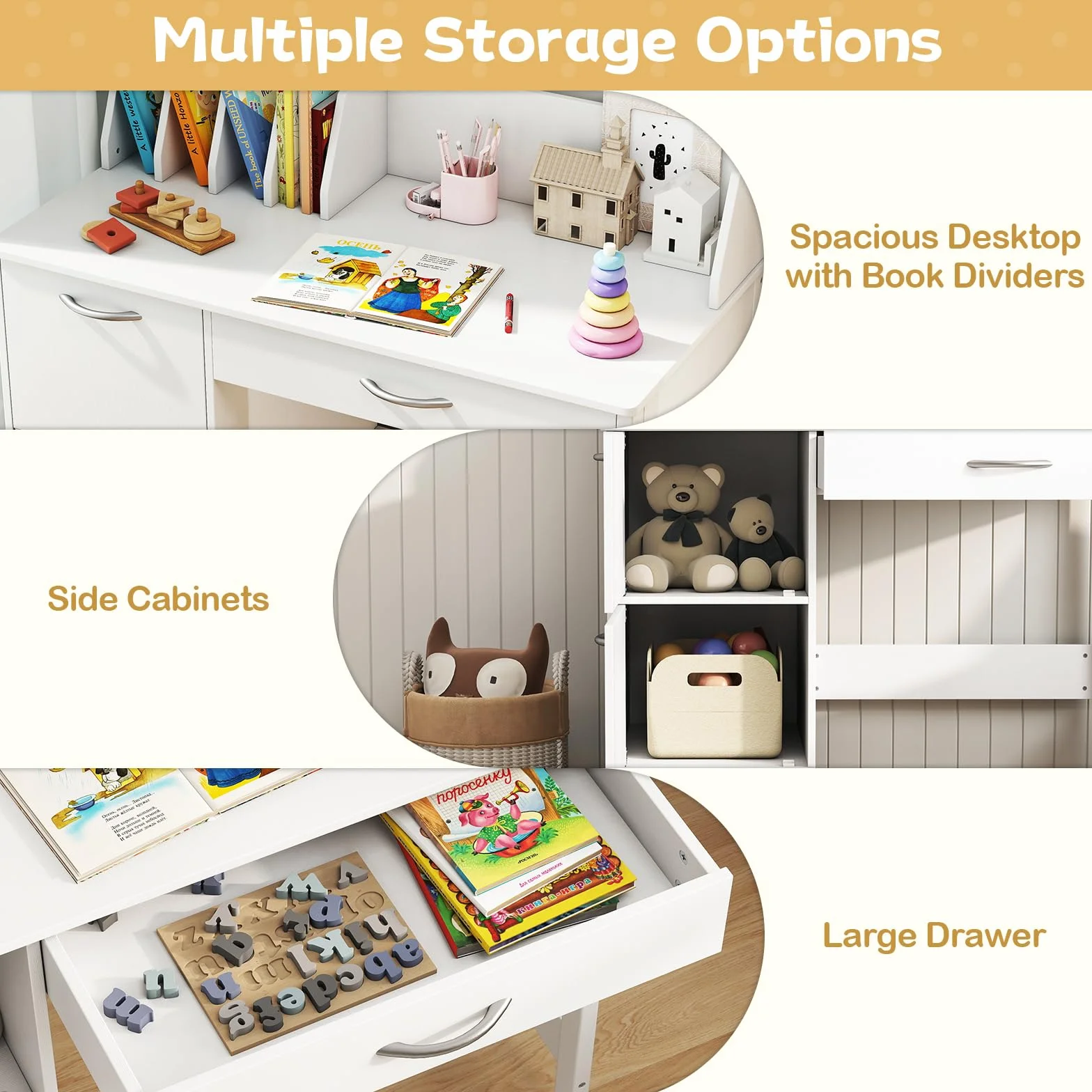 LIFEZEAL Set Scrivania e Sedia per Bambini 3+Anni, Scrivania per Cameretta con Cassetto, Libreria, Armadietto, Banco Scuola, Tavolo da Studio, Sedia con Schienale, in Legno, Giocare, Studiare (bianco)