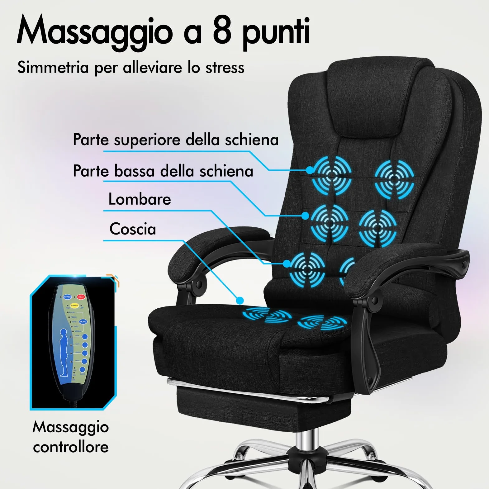ALFORDSON Sedia Scrivania con Massaggio, Sedia Ufficio Ergonomica con Sedile riscaldato, Supporto Lombare e Poggiapiedi, Poltrona Girevole per Ufficio e Studio Sala Riunioni, Tessuto(Nera)