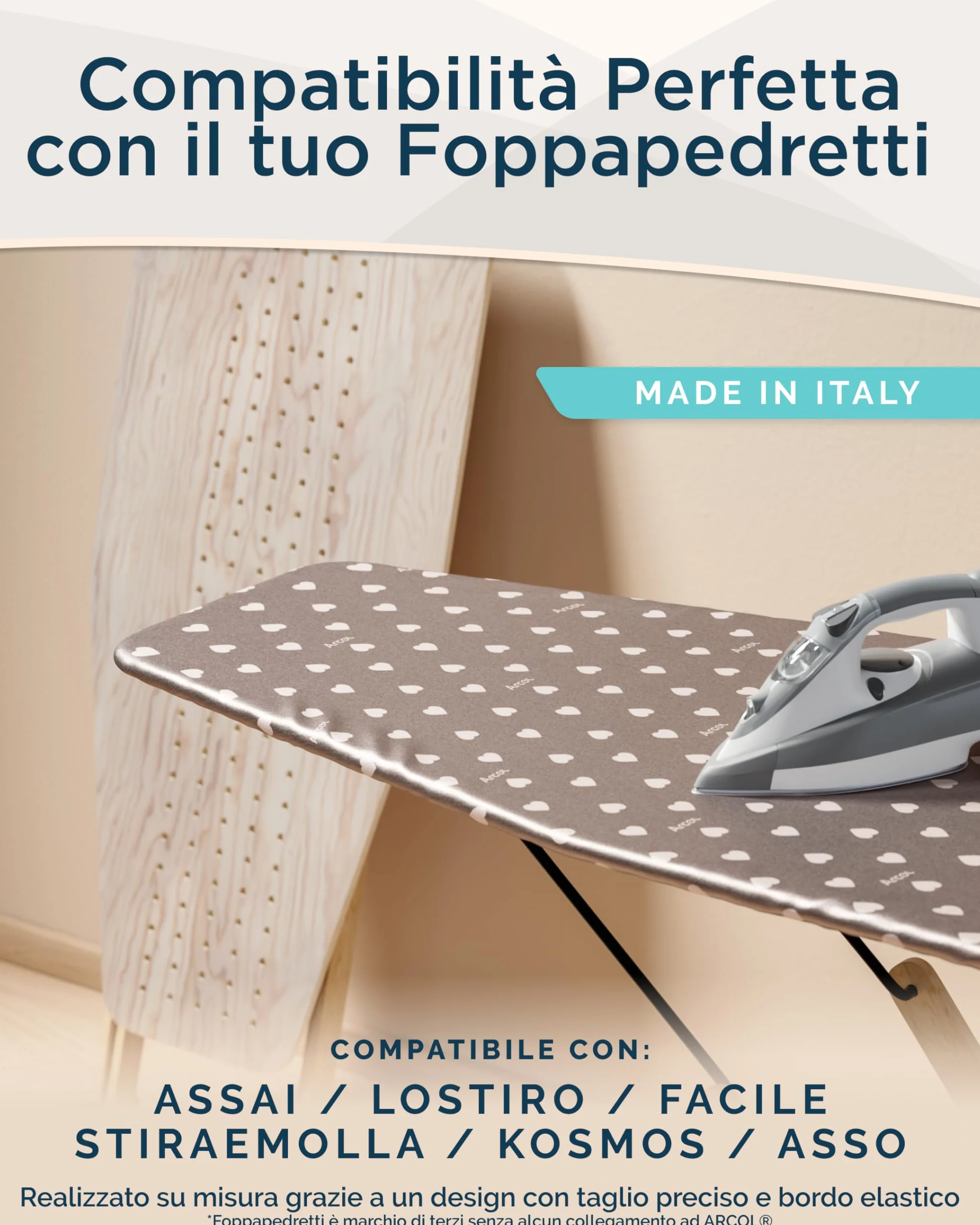 ARCOL Copriasse da Stiro ad Elastico Compatibile per Asse da Stiro Foppapedretti - Made in Italy - Ricambio Copertura asse da Stiro 100% Cotone - Telo asse da stiro (Copertina, Beige Cuori Bianchi)