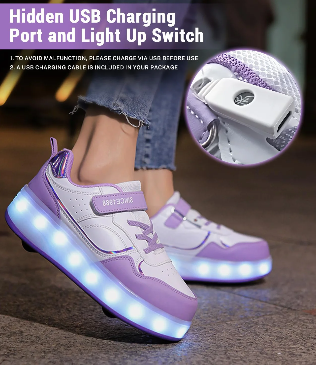 FANSU Scarpe con Rotelle Bambino Bambina LED Brillantini Luci, Scarpe Pattini 4 Rotelle USB Ricaricare, Multisport Outdoor Sneaker Skateboard