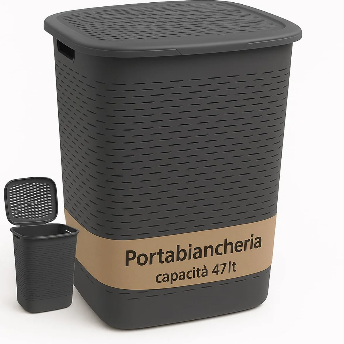 Tomaino - Cesto Portabiancheria in Plastica - Contenitore Biancheria Sporca da Bagno - Cesta Porta Vestiti e Panni Sporchi con Coperchio Salvaspazio 47 Litri (Tortora)