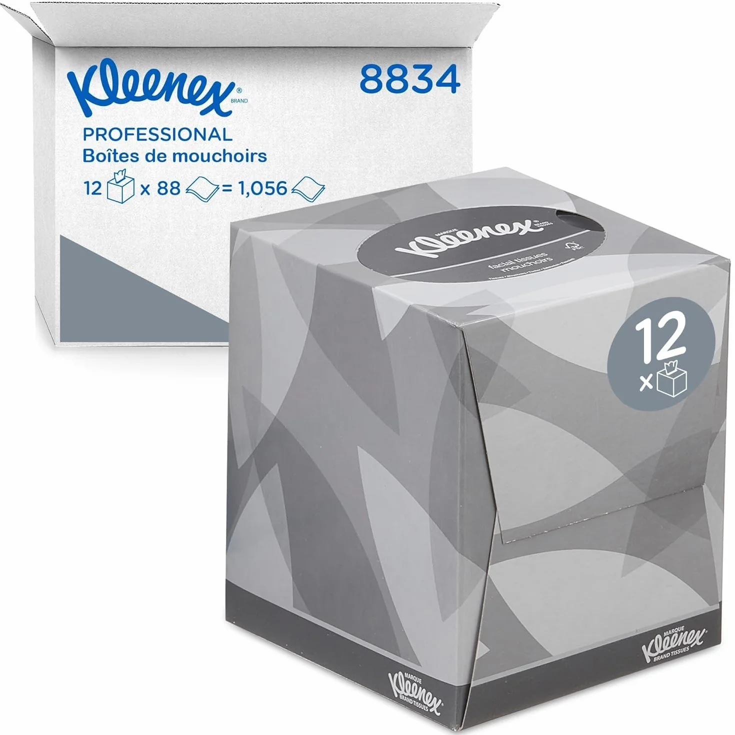 Kleenex® Fazzoletti Cubici 8834 – Morbidi e Resistenti, 2 Veli, Inodori, Colore Bianco – 12 Scatole da 88 Strappi (1.056 Totali)