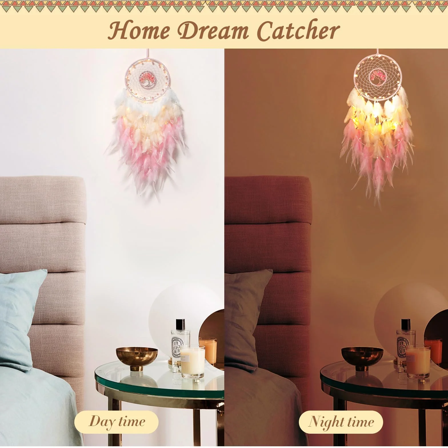 Acchiappasogni Piume Led Indiano Dream Catcher Wall Decorazione Fatto a Mano Regalo di Natale Rosa