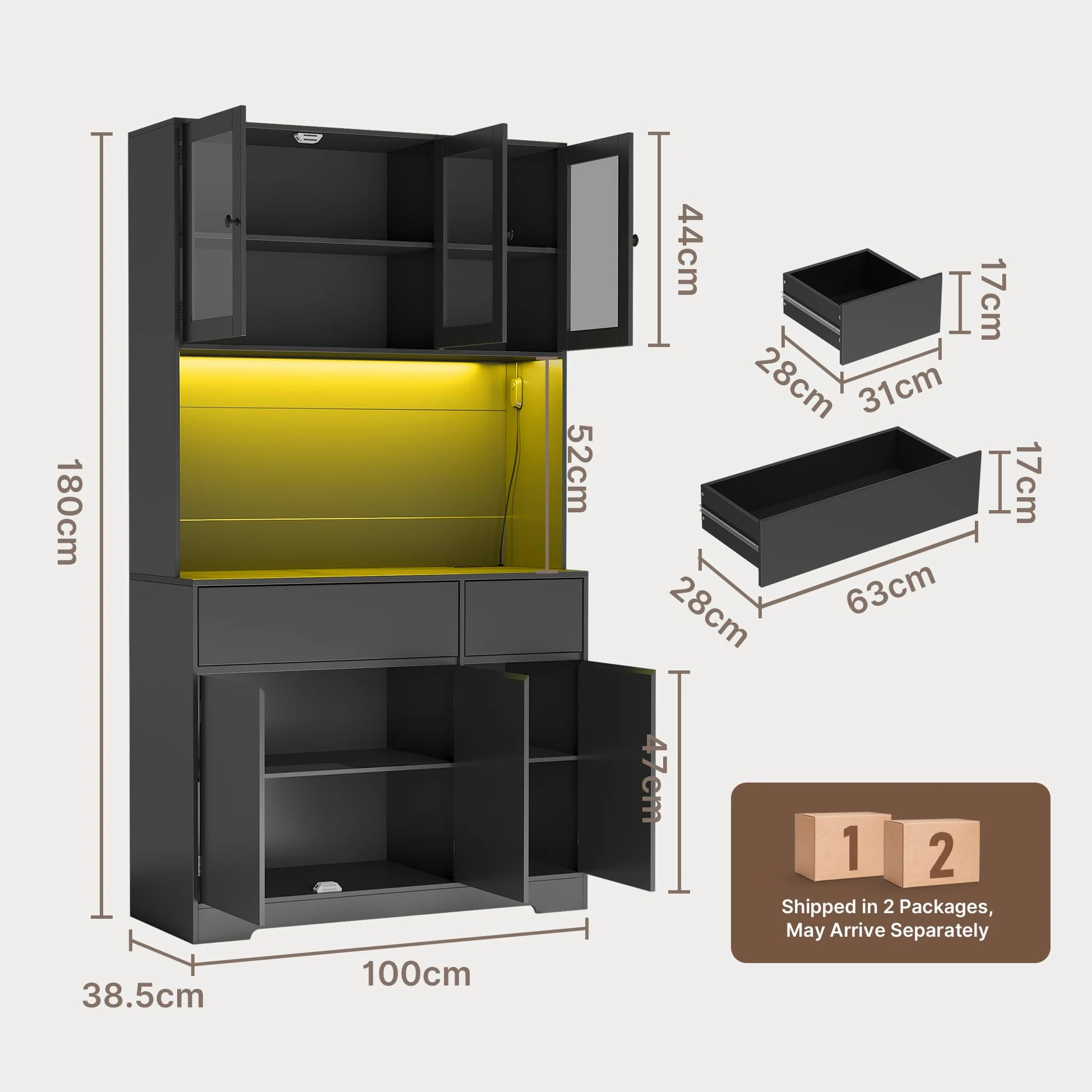Xbro Credenza Buffet Cucina con Luce LED, Prese di Corrente, Ante in Vetro, 6 Ante e 2 Cassetti, Mobile Dispensa Multifunzione per Cucina, Sala da Pranzo, 100x38.5x180cm