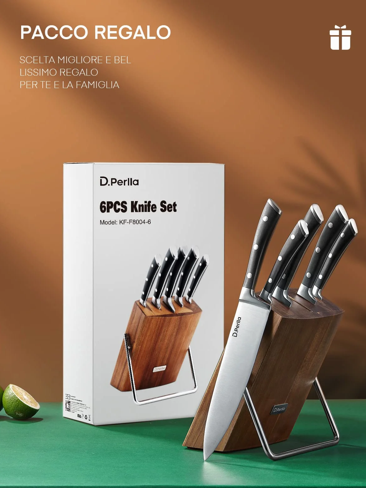 D.Perlla 6 Pezzi Set di Coltelli da Cucina, Set Coltelli Tedesco X50Cr15 in Acciaio Inossidabile, Ceppo Coltelli Professionali con Blocco in Legno, Coltelli per Frutta e Verdura