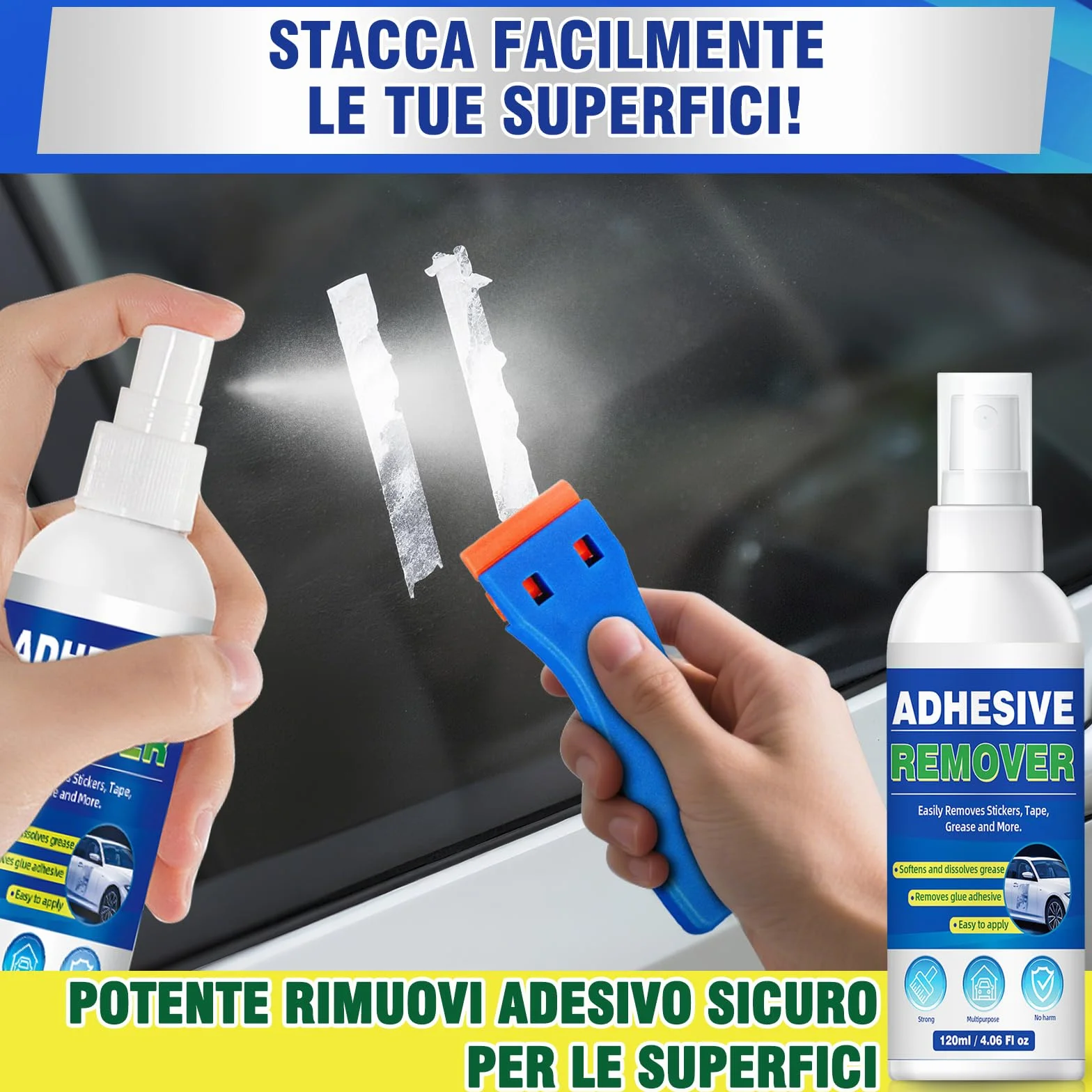Rimuovi Colla Spray, Potente Rimuovi Colla Adesivi Pulizia dei Residui Appiccicosi, Rimuovi Silicon per Etichette, Adesivi, Nastro Adesivo da Finestre, Vetri, Auto, Legno, Metallo Superfici Multiple