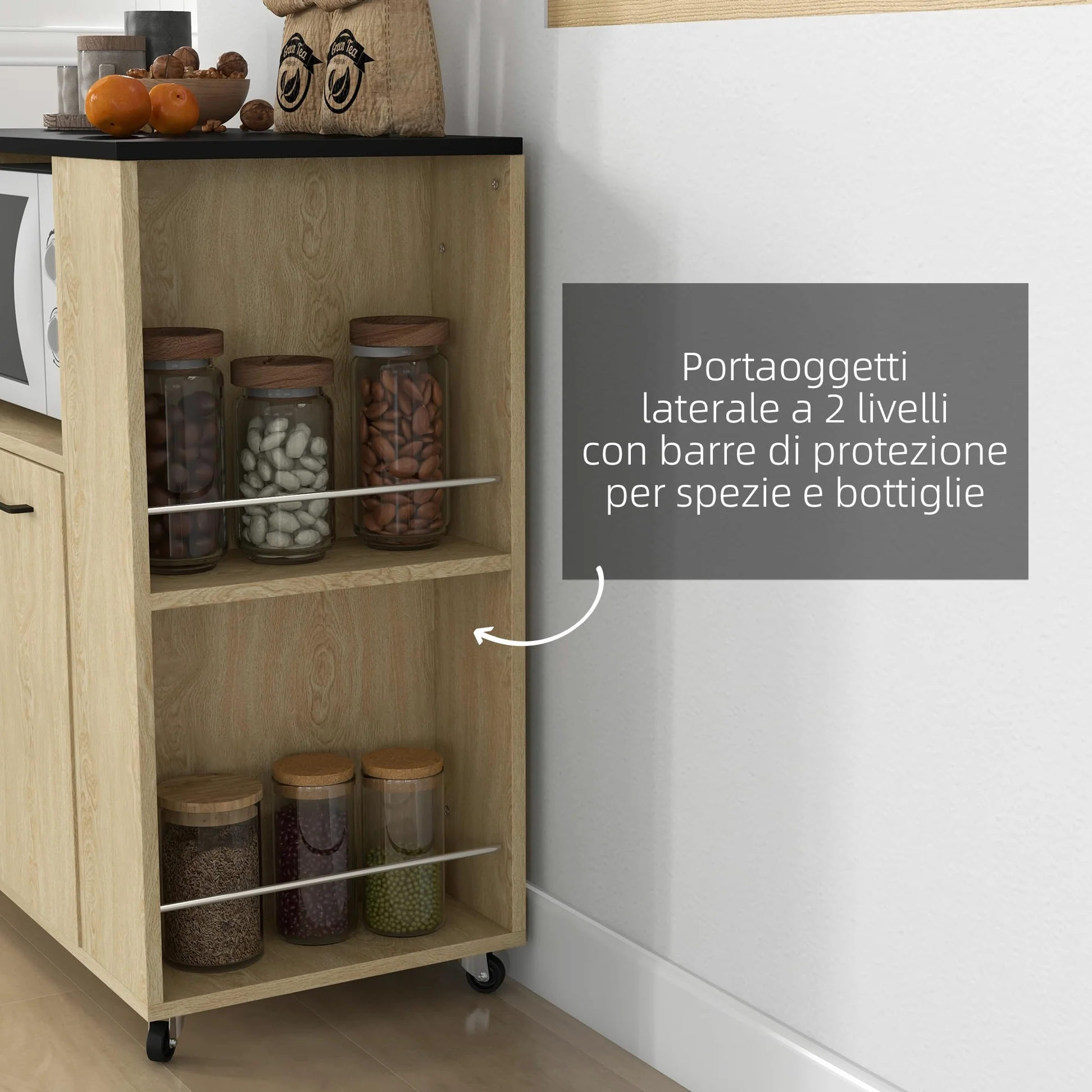 HOMCOM Carrello Cucina con Ripiano Aperto, Armadietto a 2 Ante e Scaffale Laterale a 2 Livelli, Carrello Multiuso con Ripiano Regolabile in Legno, 75x40x80.5 cm, Color Rovere e Nero