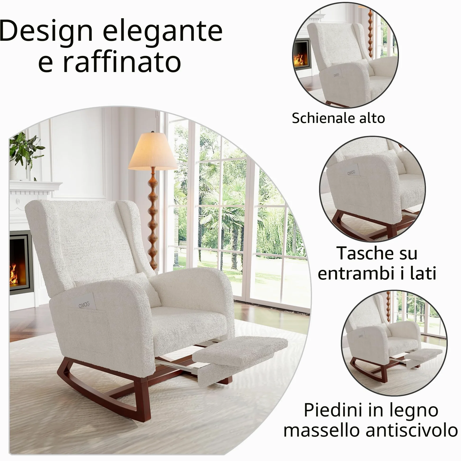 Poltrona a dondolo con poggiapiedi, sedia allattamento con cuscino lombare e 2 tasche laterali, poltrona da allattamento con gambe in legno massello, per soggiorno, camera da letto, beige