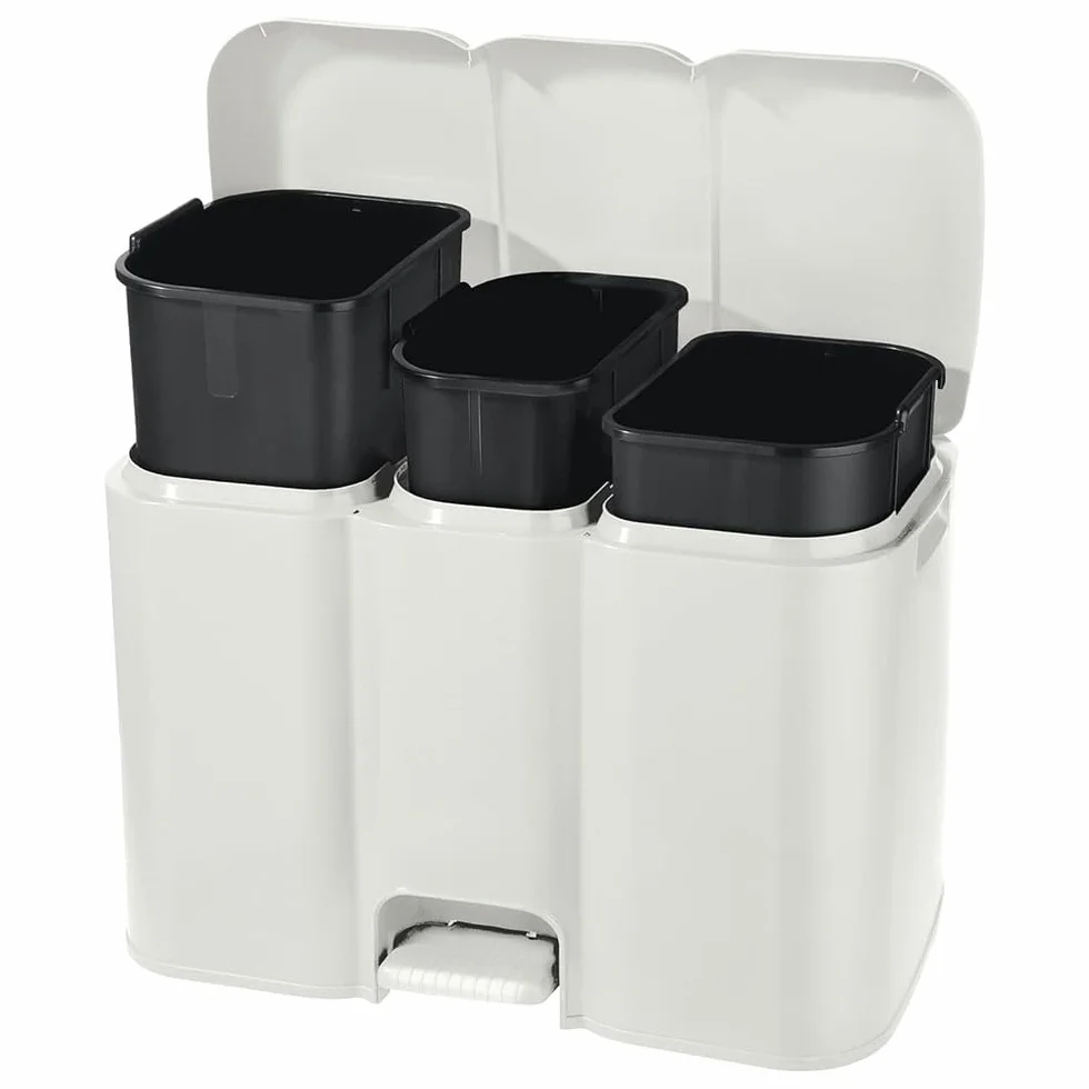 BuyStar Pattumiera Differenziata Bianca da 13+8+13 Litri Struttura Unica con Pedale e Secchi Estraibili 58.5x32xh41.5cm + Etichette Adesive per Differenziare il Riciclaggio