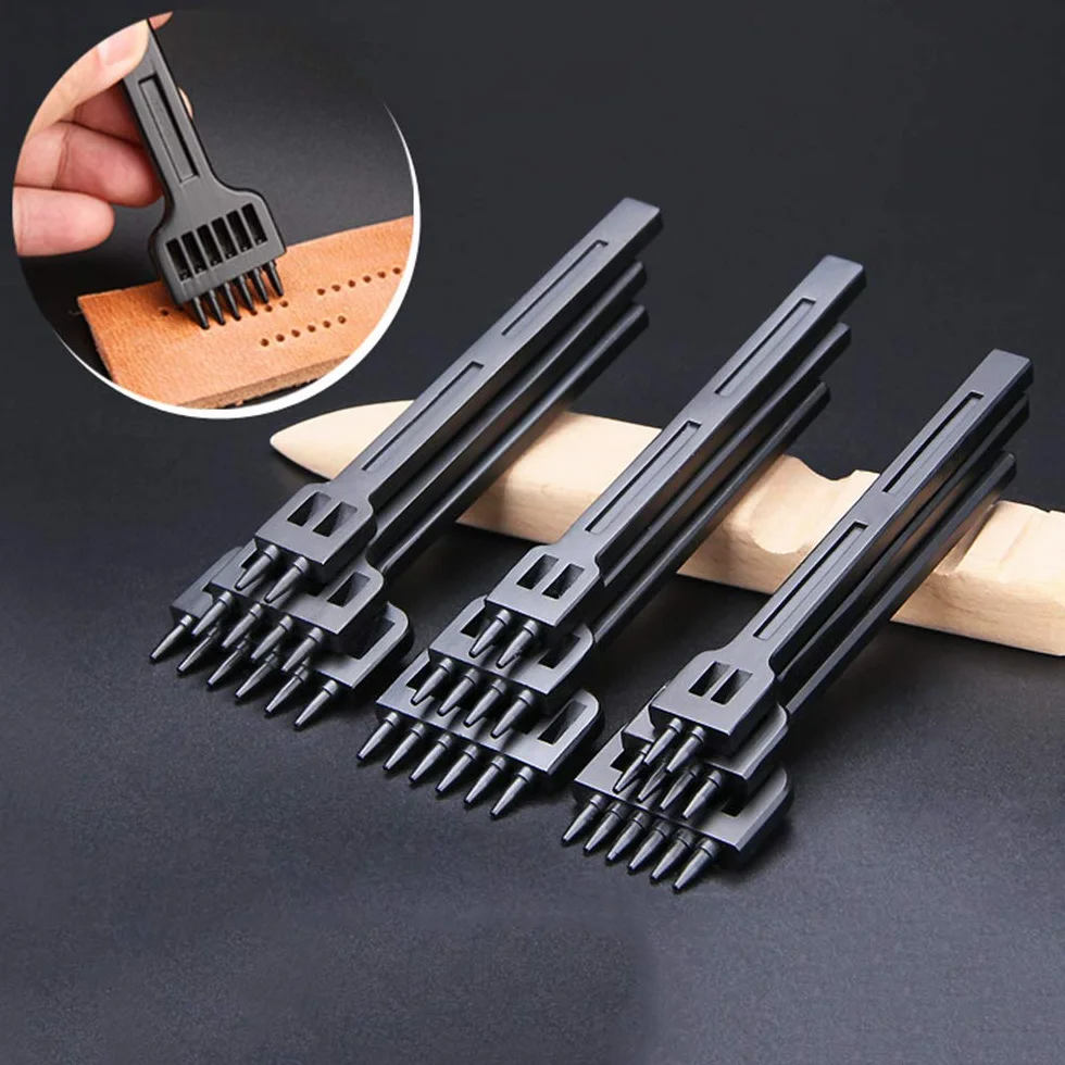 3Pcs Punzoni in Acciaio,Punzonatrice Fai Da Te in Pelle,Strumenti di Punzonatura Punzoni, 2-6mm 2 + 4 + 6 Denti Cuciture Scalpello Tool, per Allacciatura Cucitura Artigianale in Pelle