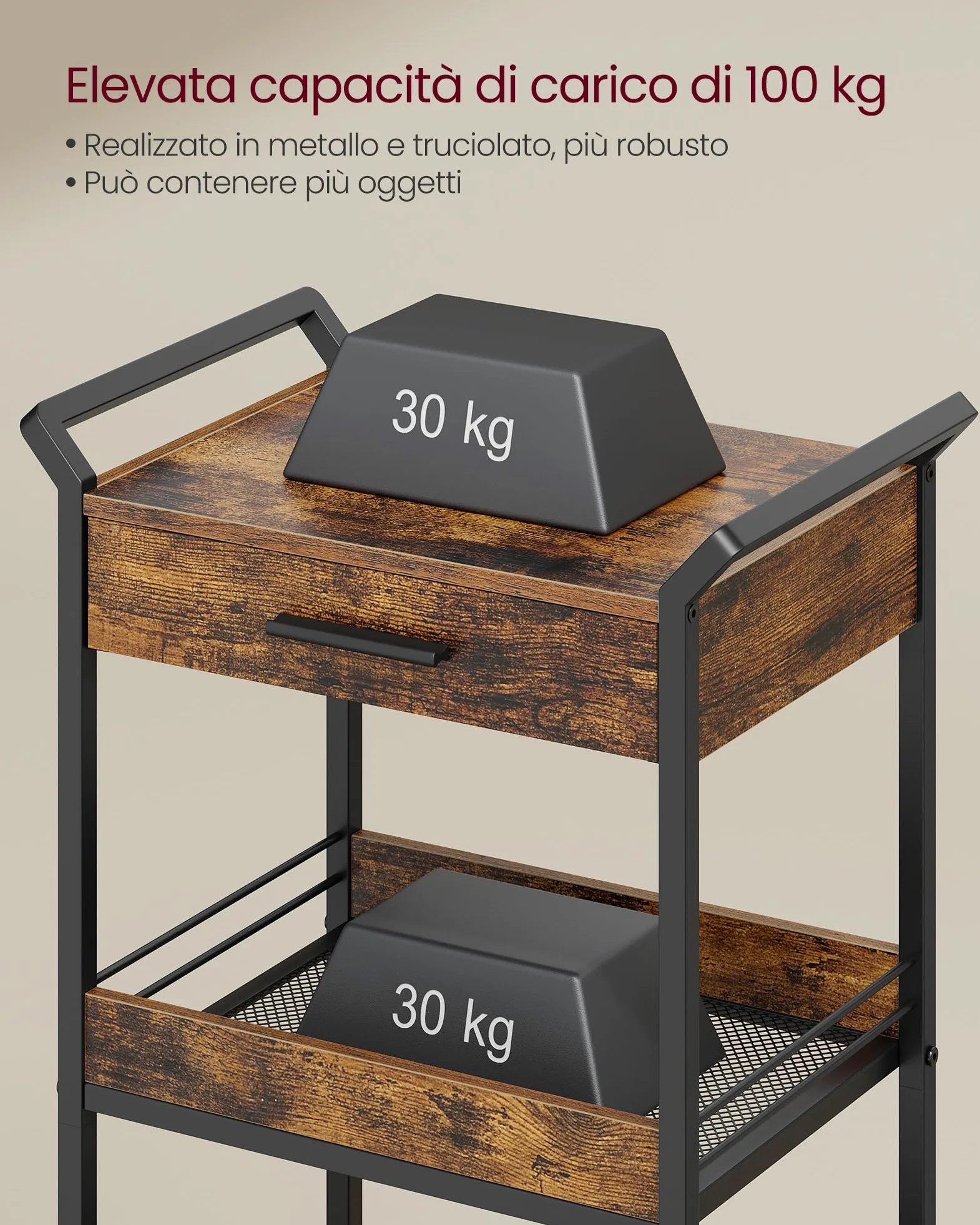 VASAGLE Carrello Portaoggetti a 3 Livelli con Ruote, Cassetto | Carrello di Servizio, Acciaio, Truciolato, con Freno, per Cucina, Bagno, Marrone Vintage e Nero, Collezione DACEY LRC048K01