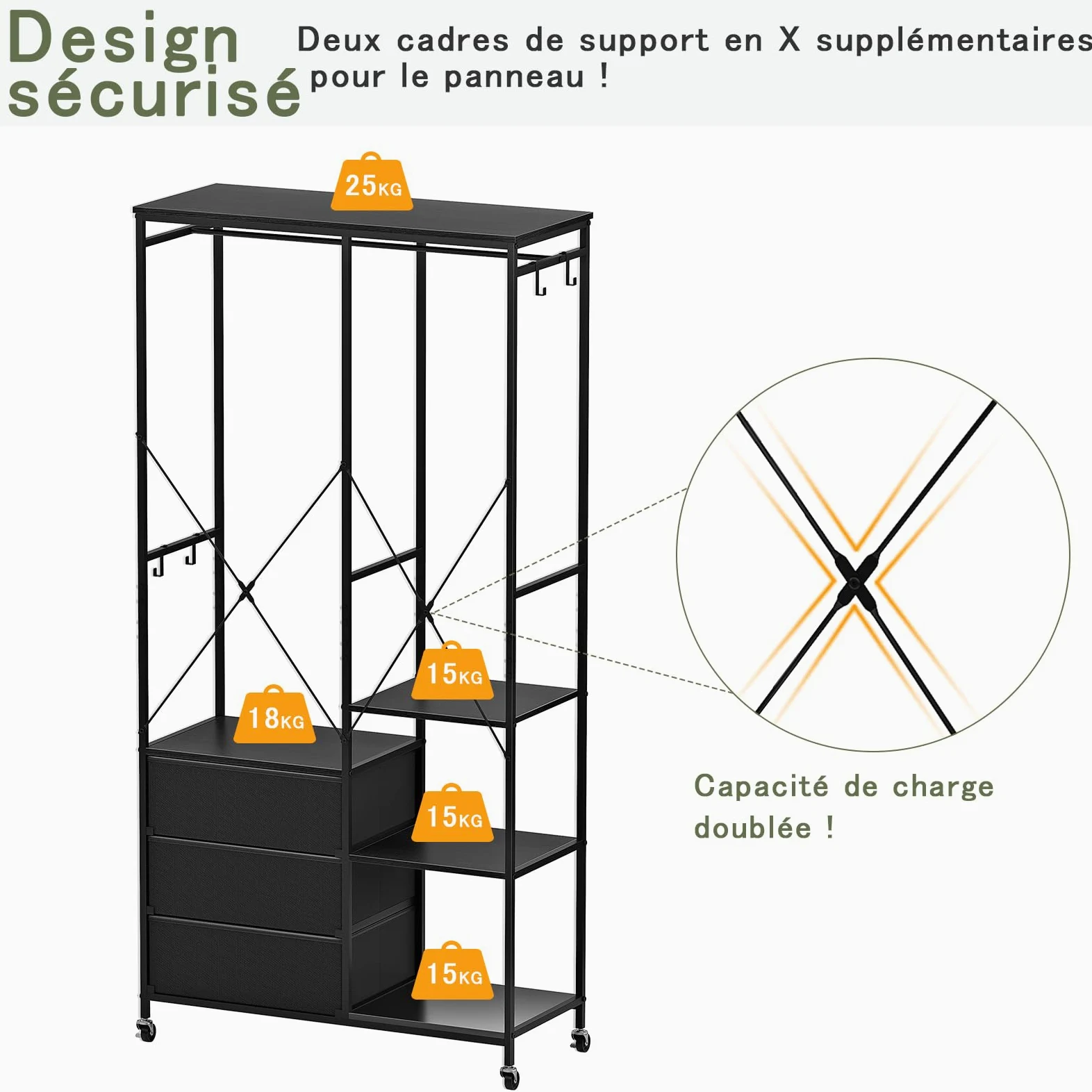 Appendiabiti con Cassetti, Stand Appendiabiti, Armadio Aperto, Guardaroba, Attaccapanni Moderno, Ripiani Regolabili, 4 Ganci, Nero