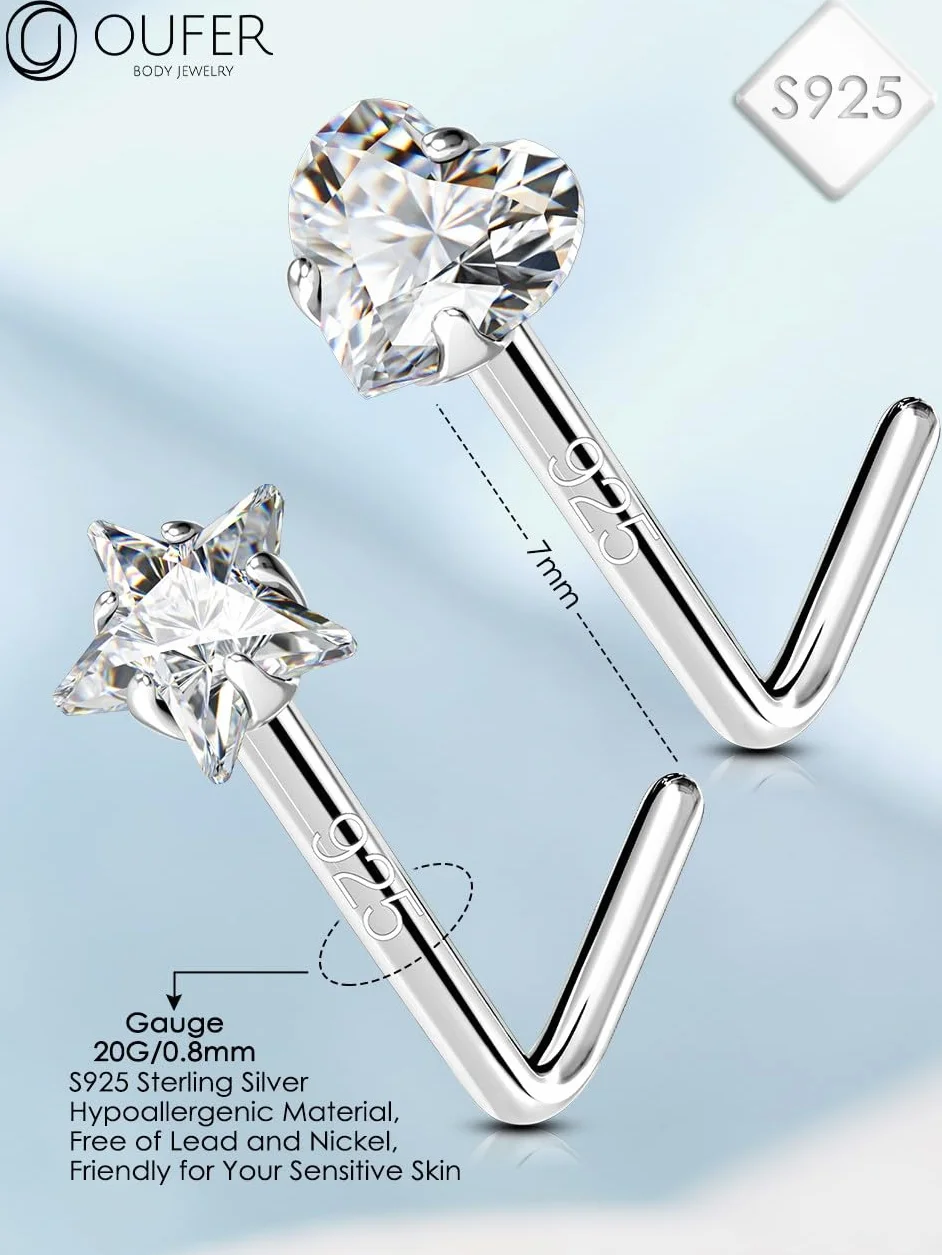 OUFER 925 Sterling Silver Nose Stud Screw 20G Nostril Solid 3 mm Heart Star CZ Body Piercings Jewellery