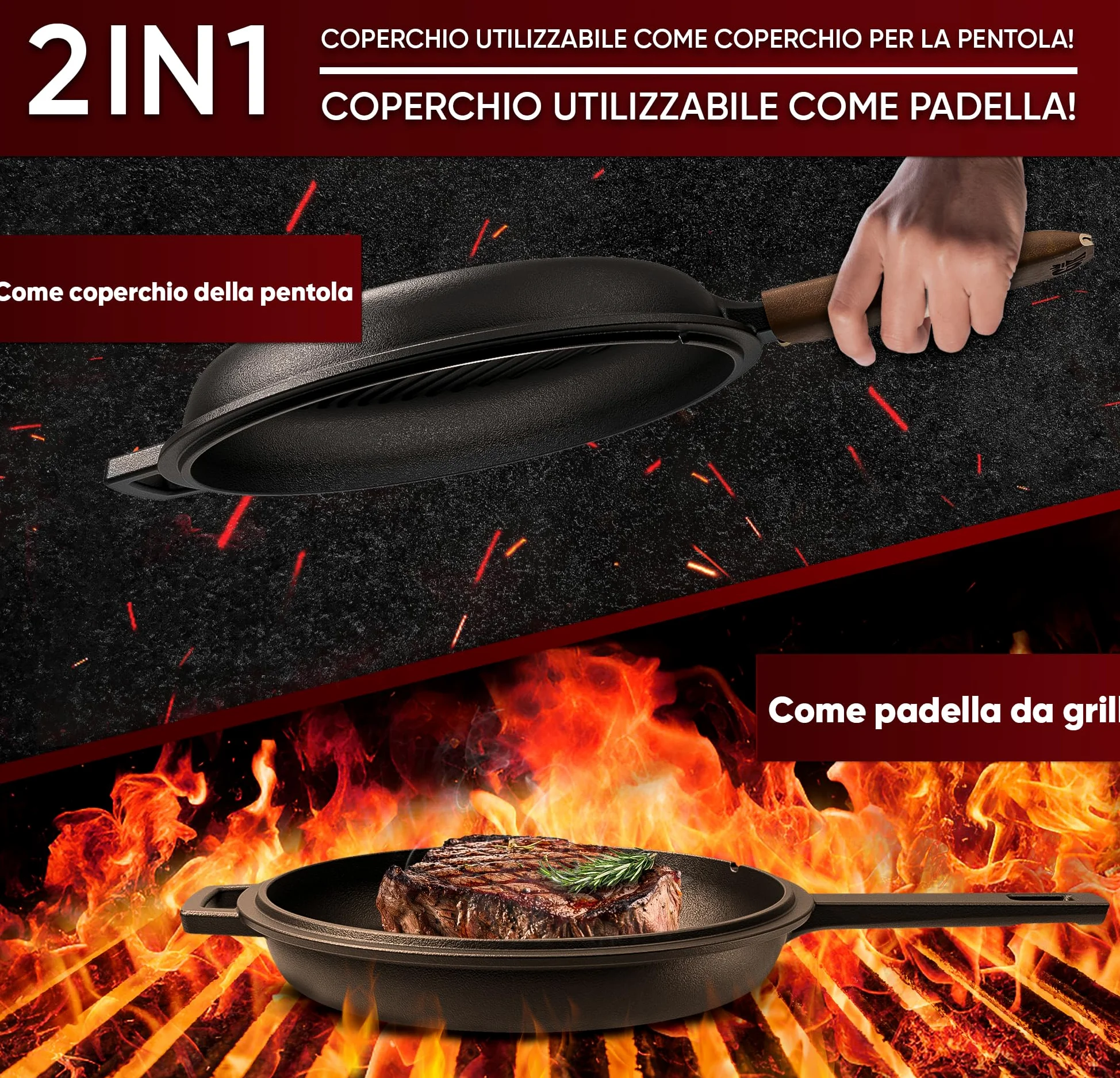GUSSKÖNIG Dutch Oven - 2 in 1 Pentola in ghisa pre-stagionata 3L & Padella in ghisa 1,5L - Set Dutch Oven con funzione doppia Casseruola in Ghisa - Inclusi libro di ricette e accessori per BBQ
