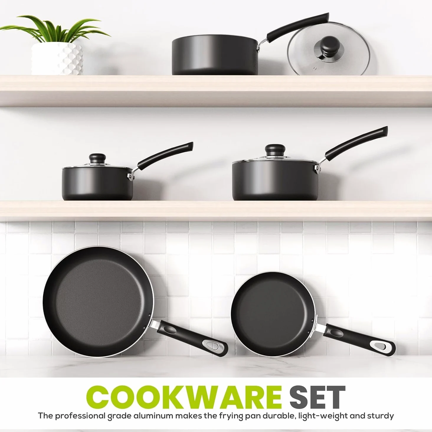 KICHLY Set di 5 pentole e padelle antiaderenti adatte per piano cottura a induzione con padelle da 20 cm, 28 cm e pentole con coperchio da 20 cm, 18 cm, colore: nero