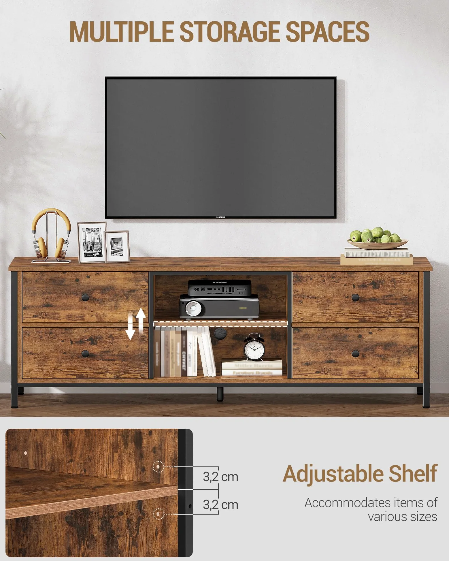 Hzuaneri Mobile TV, tavolino porta TV a 4 cassetti, adatto per TV fino a 165 cm, con 2 vani aperti, 40 x 147 x 50 cm, adatto per soggiorni, camere da letto e sale da pranzo, marrone vintage TV16801B