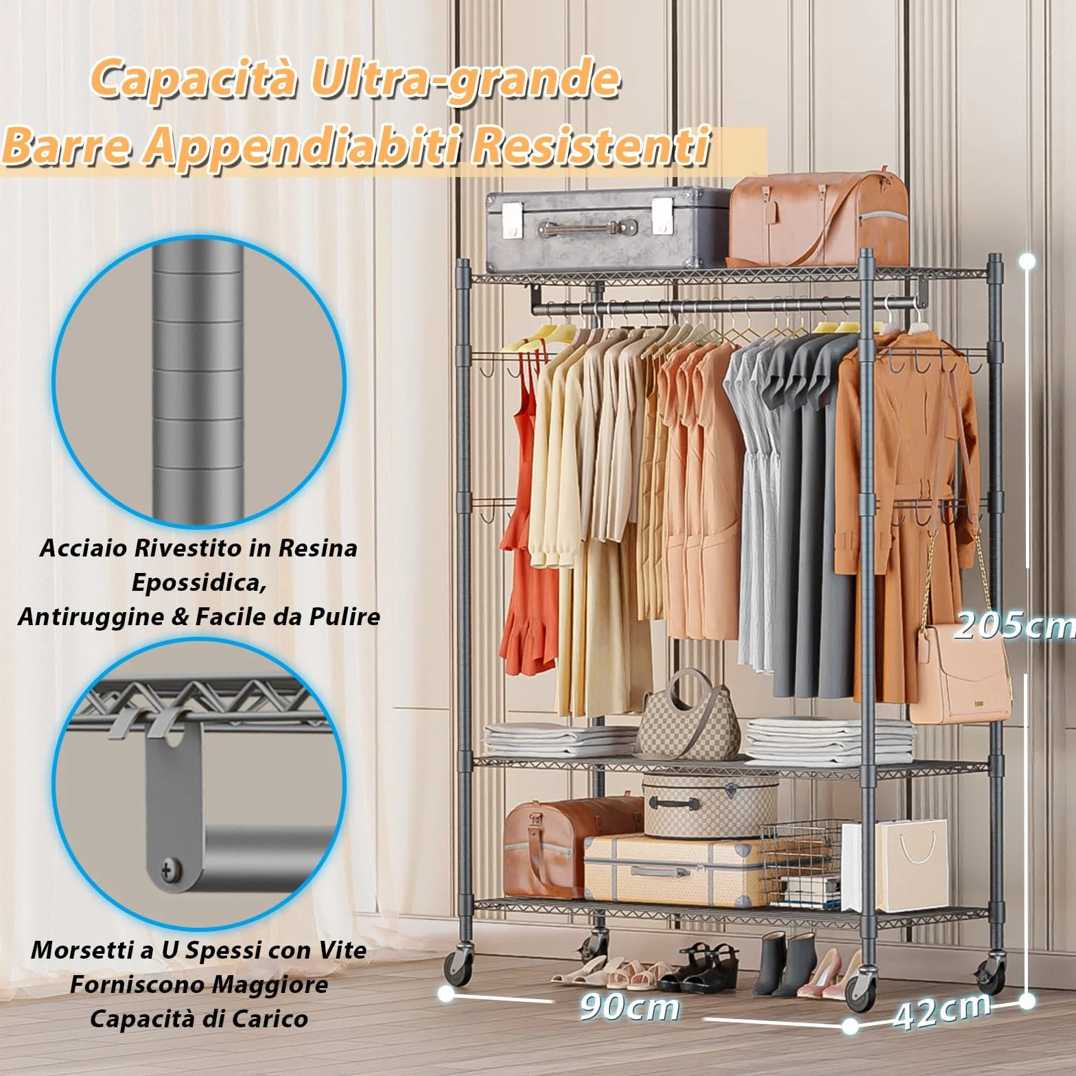 Himimi Doppio Appendiabiti con Ripiani Regolabili in Altezza, 2 Ganci, Ruote, 90x42x205 cm, Grigio