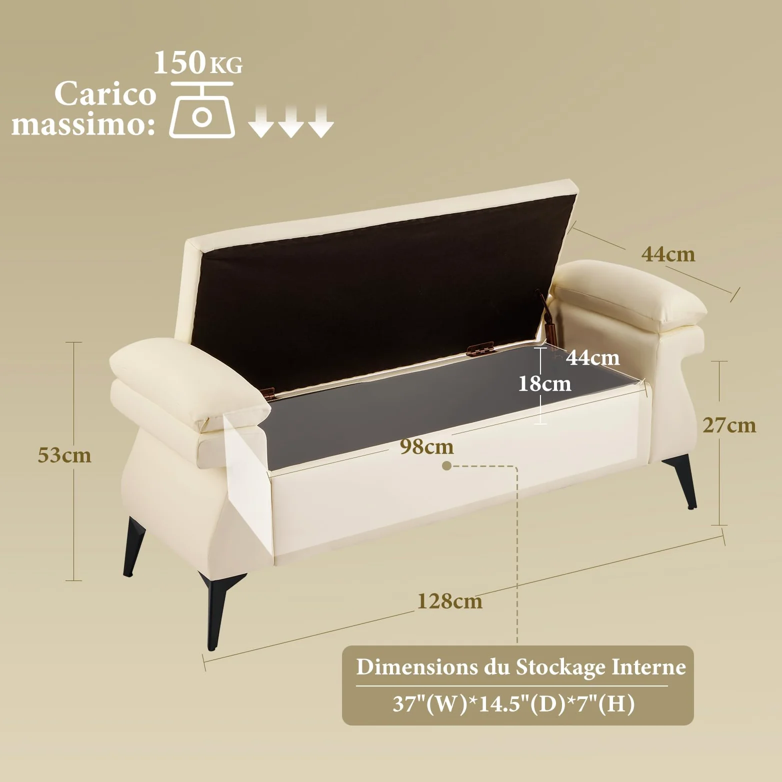 Panca Contenitore Camera da Letto 128x44x53cm, Panca Fondo Letto Matrimoniale, Cassapanca Pouf Organizzatore Ottomano in Pelle PU per Camera da Letto Soggiorno Ingresso, Beige