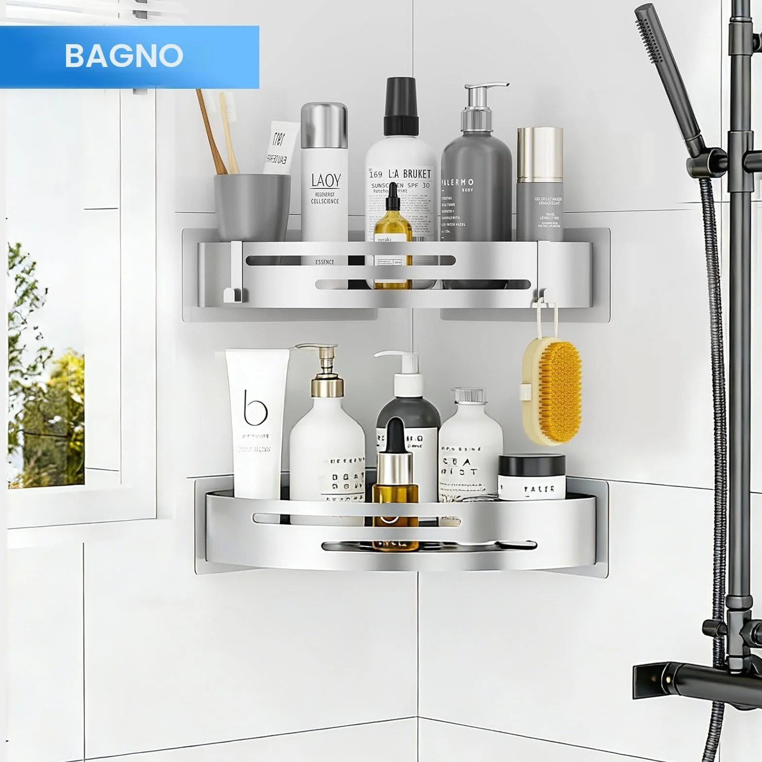 PNNP Mensola Doccia Angolare Senza Foratura 2 Pezzi Portasapone Adesiva Acciaio Inox con Ganci Argento