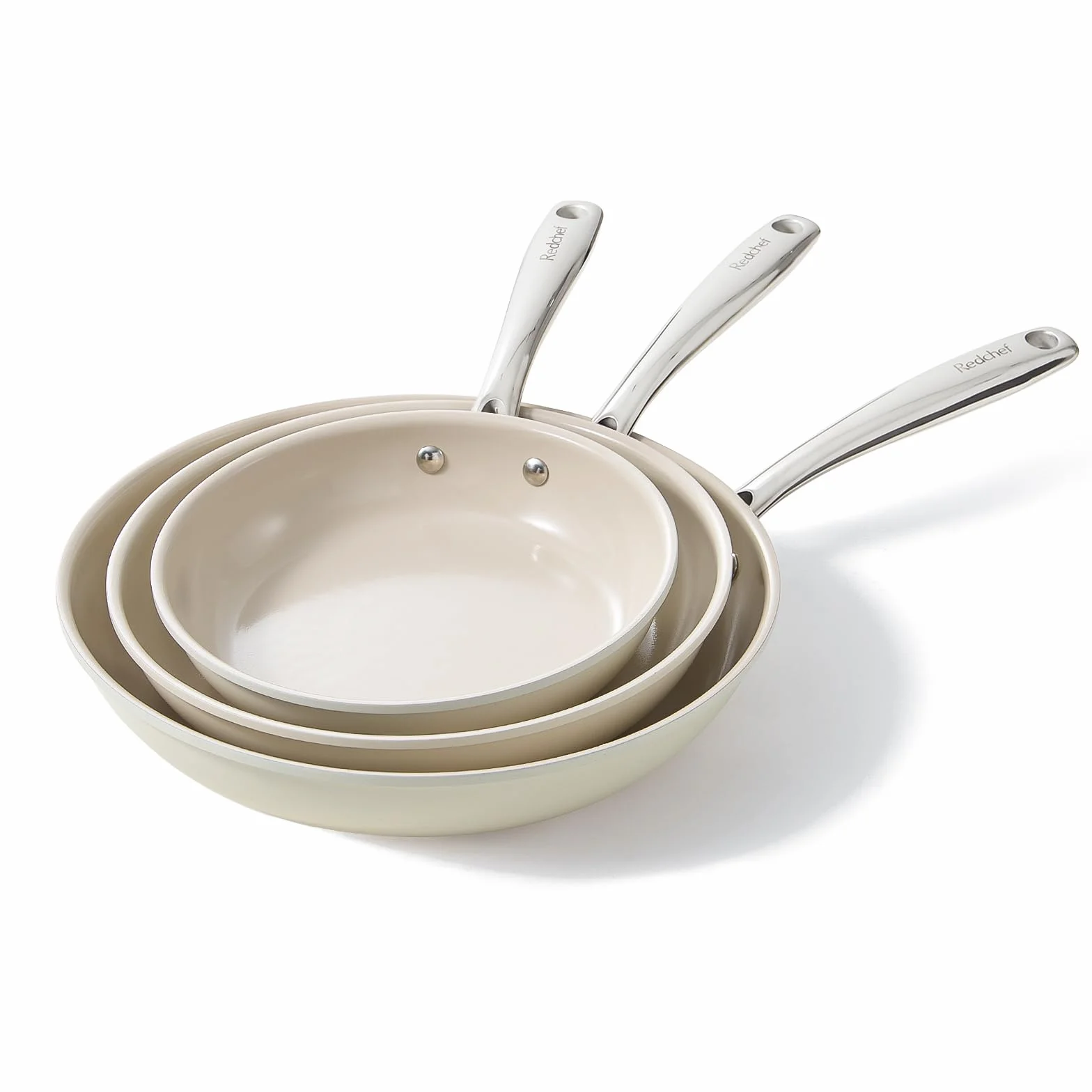 Redchef Set 3 Padelle Ceramica Antiaderente: 20/24/28 cm, Alluminio con Rivestimento Antiaderente, Adatta per Induzione e Tutti i Piani Cottura, Senza PTFE/PFAS/PFOA, Adatta al Forno, Beige