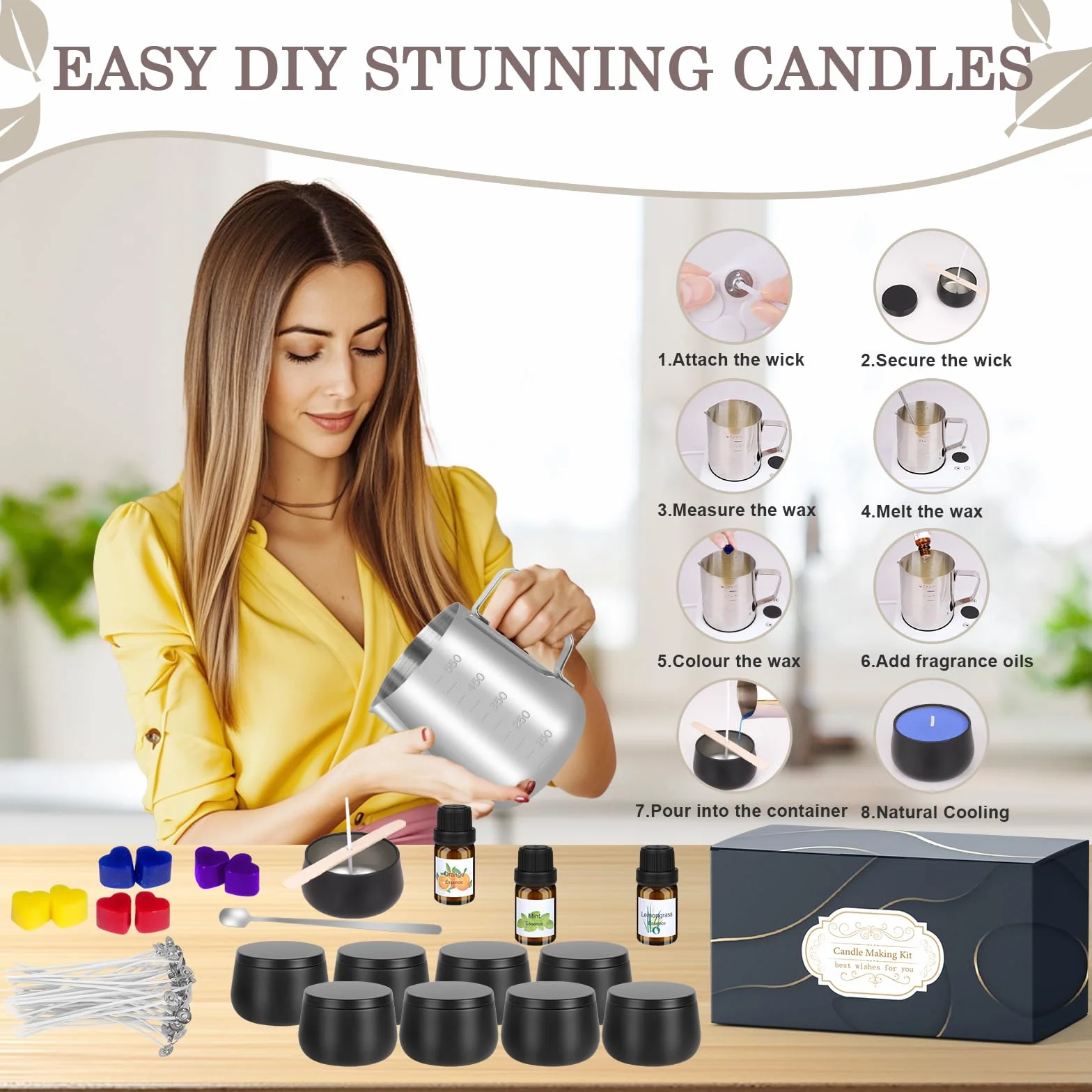 Kit Fabbricazione Candele 9 Candele Natale, DIY Set Regalo Cera Soia 480g, Oli Essenziali