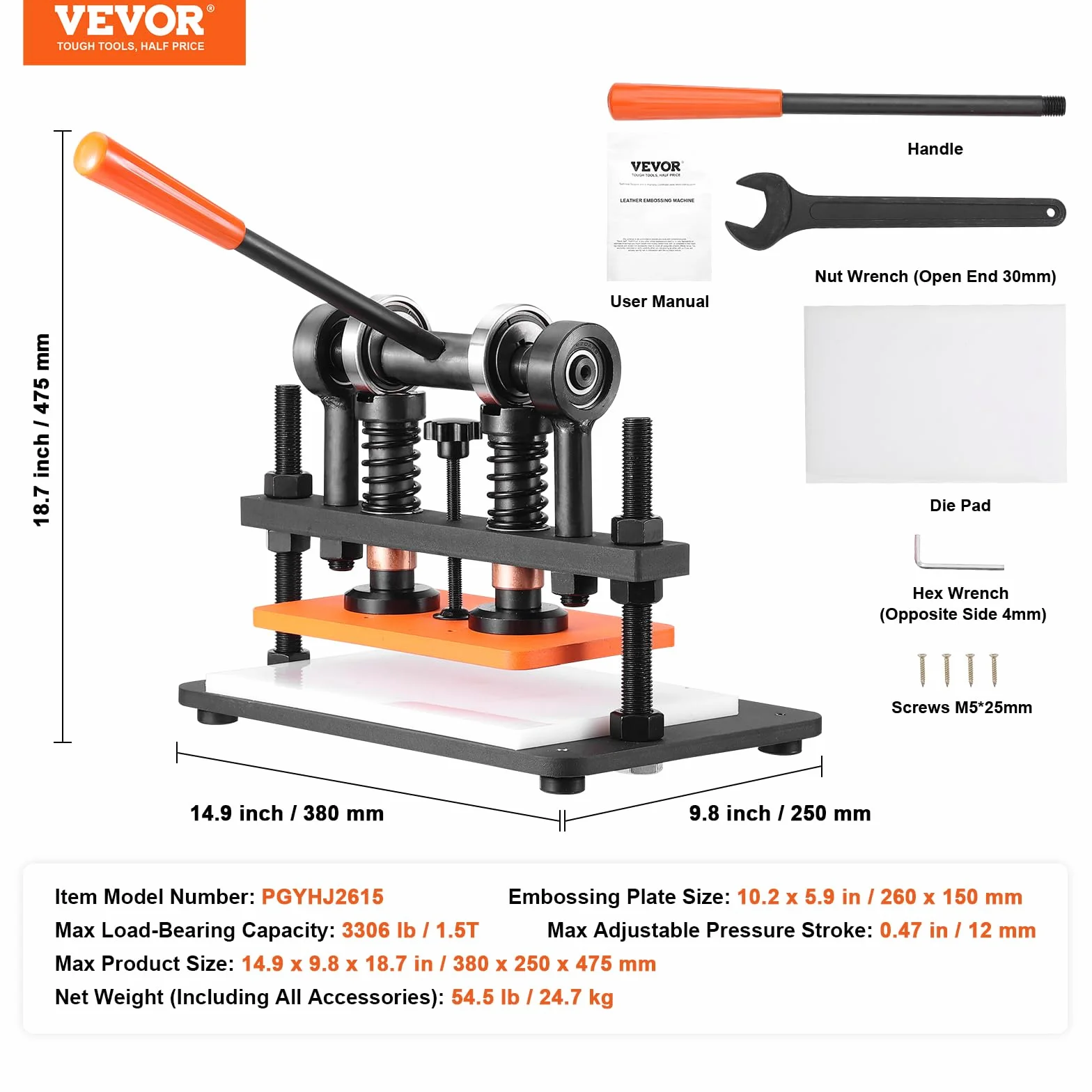 VEVOR Macchina per Goffratura Pelle Cuoio 260x150 mm Capacità 1,5 T, Fustellatrice Manuale Corsa Regolabile 12 mm Perforatrice Goffratura Manuale per Pelle Carta Espanso Plastica Gomma Vari Materiali