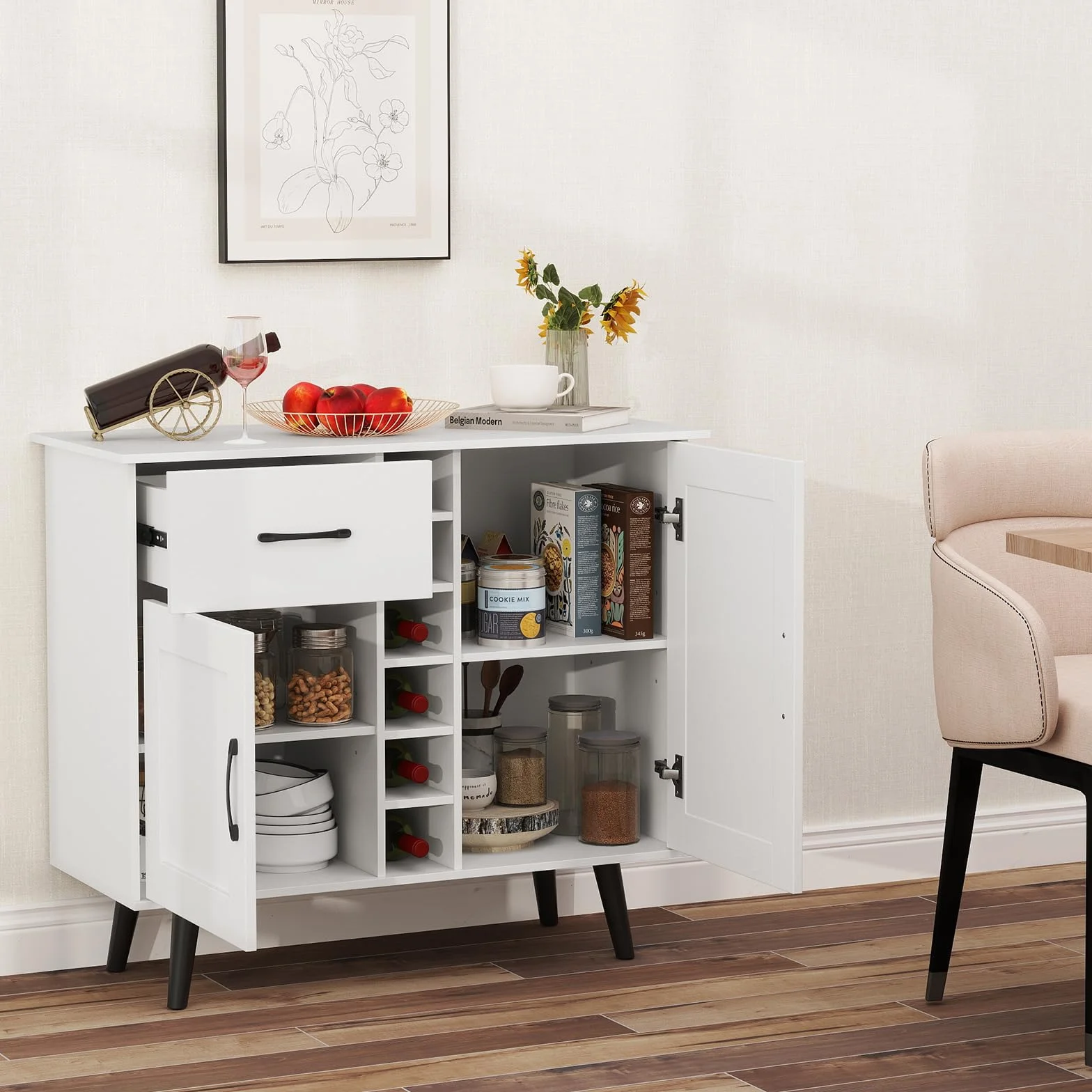 RELAX4LIFE Mobile Bar per Vino, Credenza con 2 Ante e 1 Cassetto, Porta Bottiglie da 6, Ripiani Regolabili, Credenza con Spazio per Vino per Cucina, Sala da Pranzo, Soggiorno